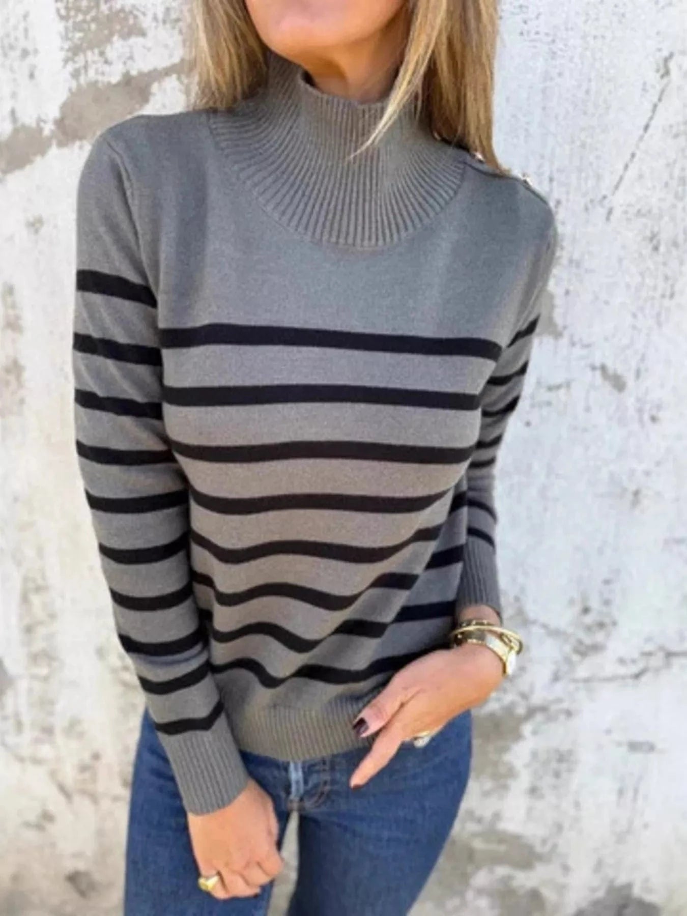 Women tops Gray / S Full Size Striped Turtleneck Long Sleeve Sweater Plus Size Full Size Striped Turtleneck Long Sleeve Sweater Plus Size