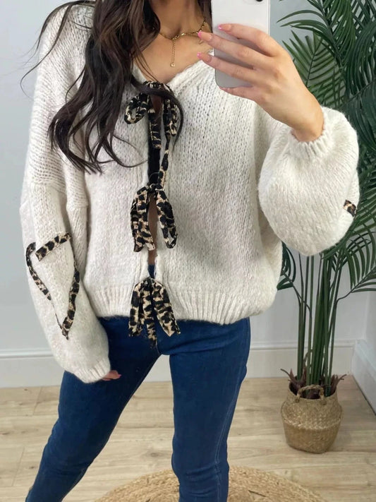 Women tops Ivory White / S Tie Front Long Sleeve Sweater Tie Front Long Sleeve Sweater