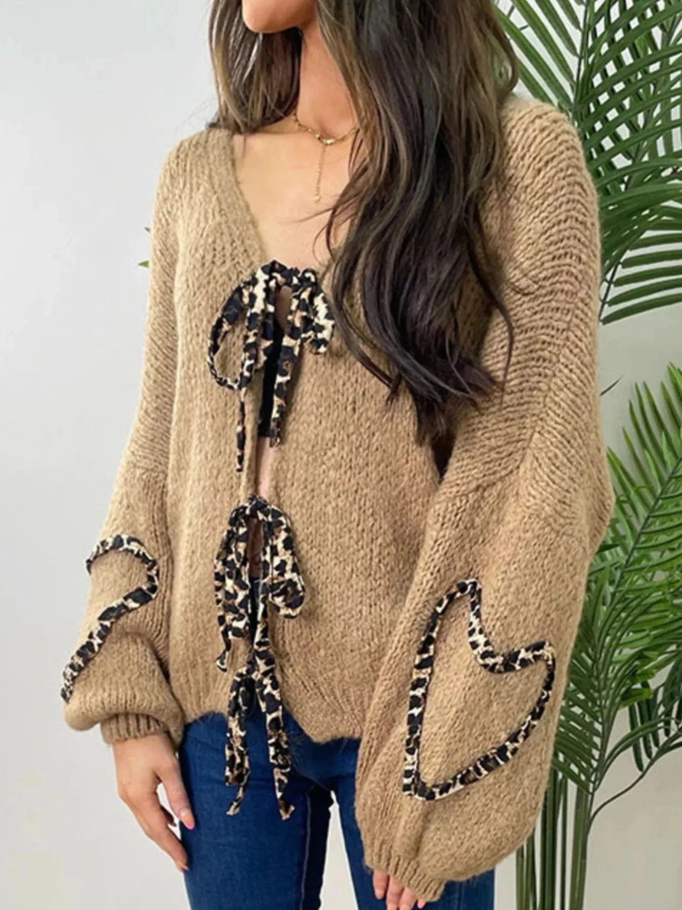 Women tops Khaki / S Tie Front Long Sleeve Sweater Tie Front Long Sleeve Sweater