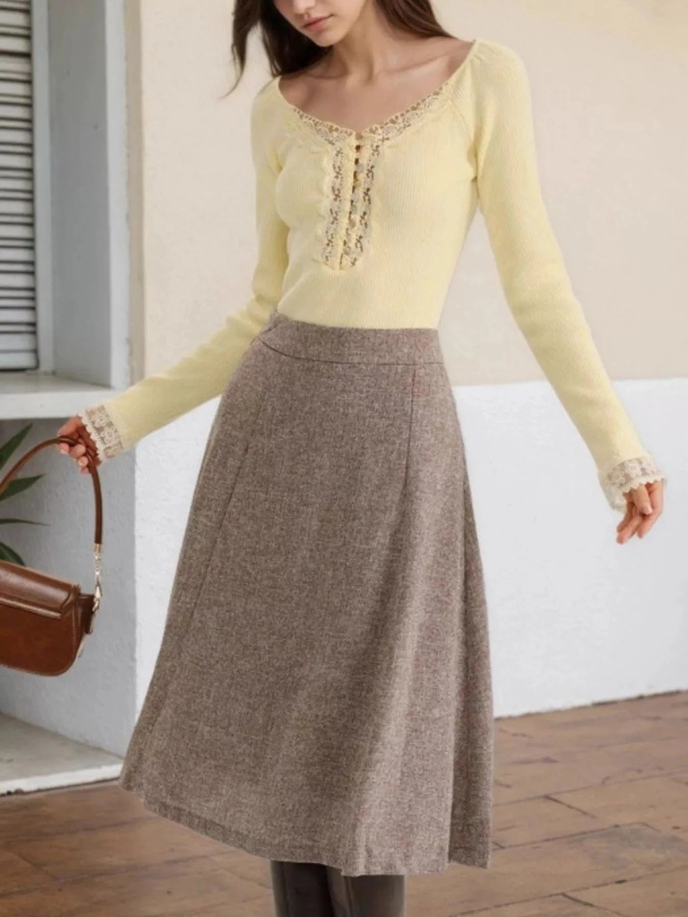 Women tops Lace Trim Ribbed Long Sleeve T-Shirt Lace Trim Ribbed Long Sleeve T-Shirt