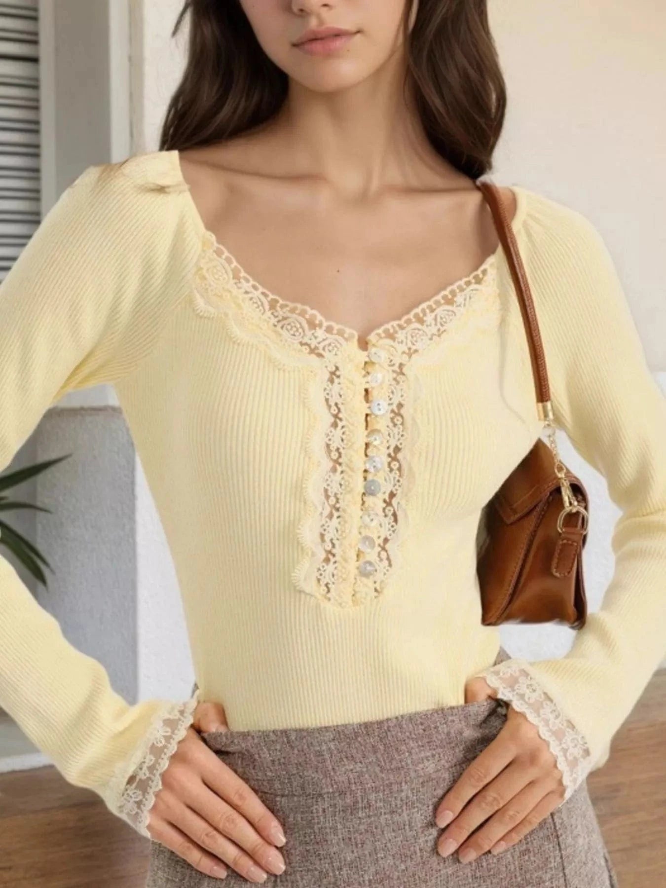 Women tops Lace Trim Ribbed Long Sleeve T-Shirt Lace Trim Ribbed Long Sleeve T-Shirt
