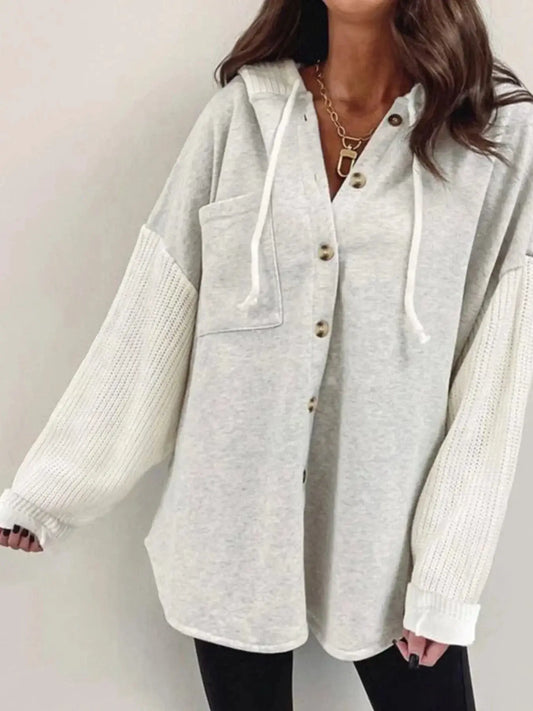 Women tops Light Gray / S Drawstring Button Front Hoodie Drawstring Button Front Hoodie
