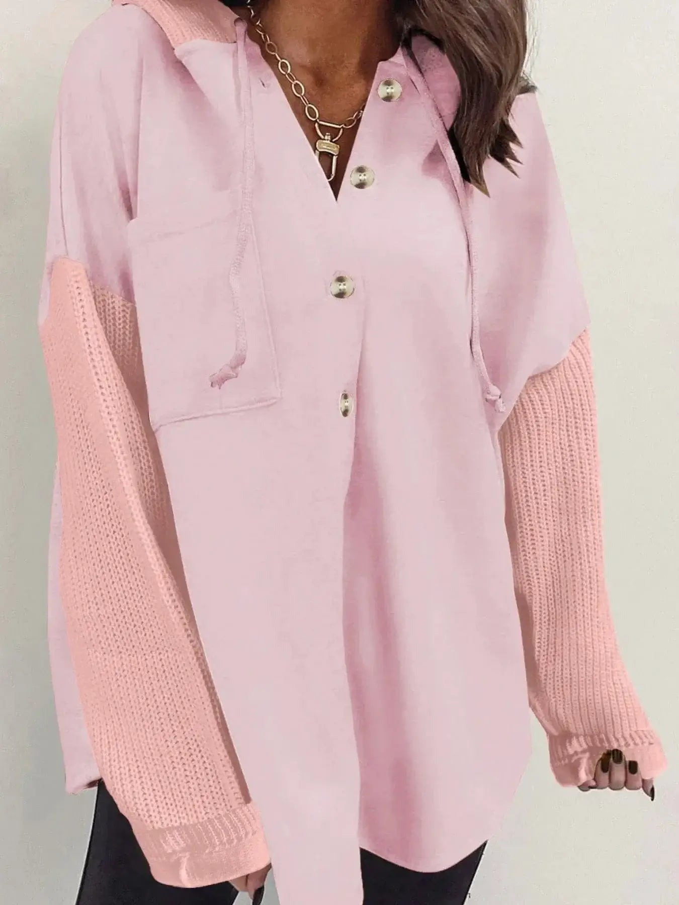 Women tops Light Pink / S Drawstring Button Front Hoodie Drawstring Button Front Hoodie