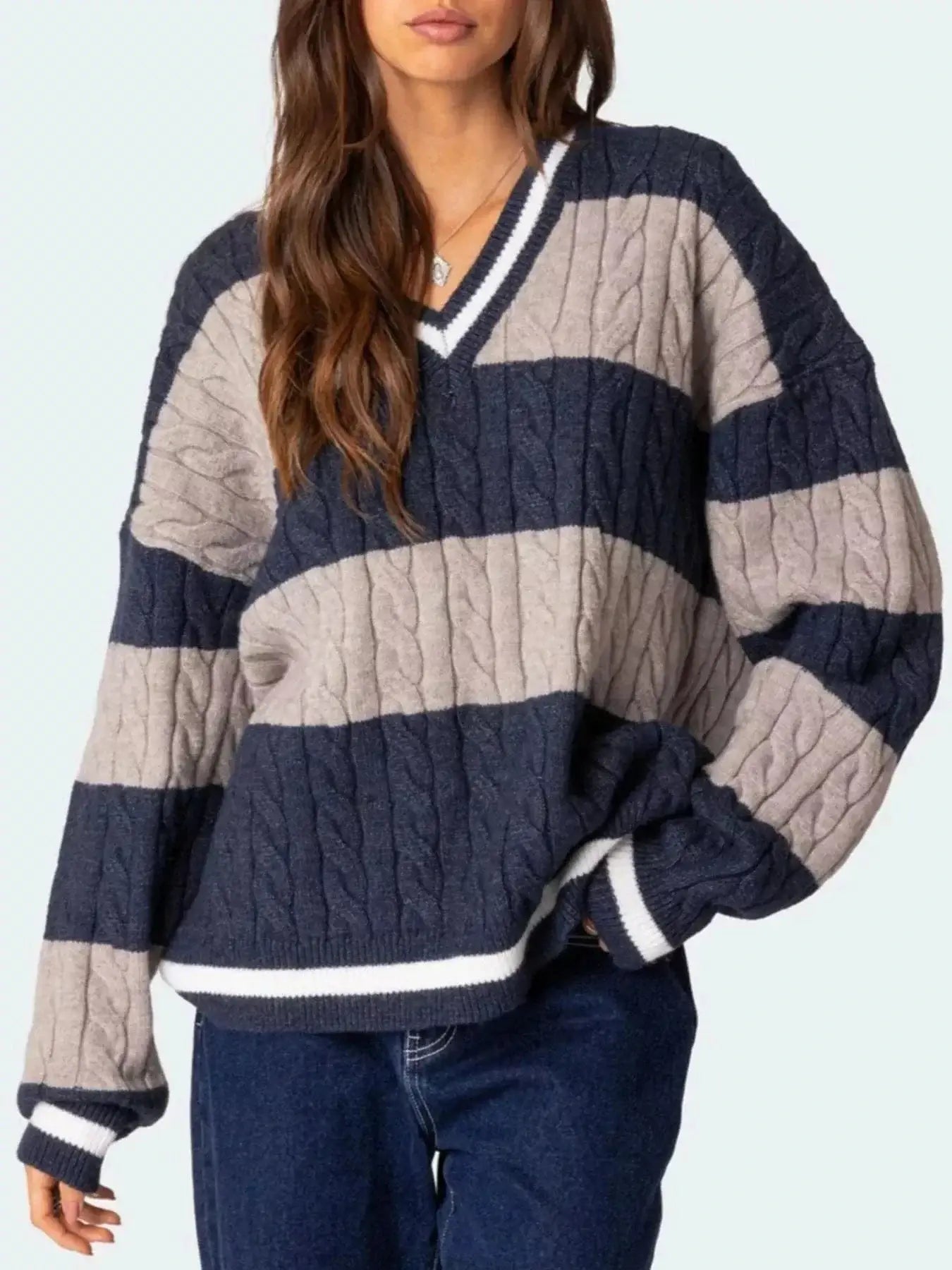 Women tops Navy Blue / S Striped Cable Knit V-Neck Sweater Striped Cable Knit V-Neck Sweater