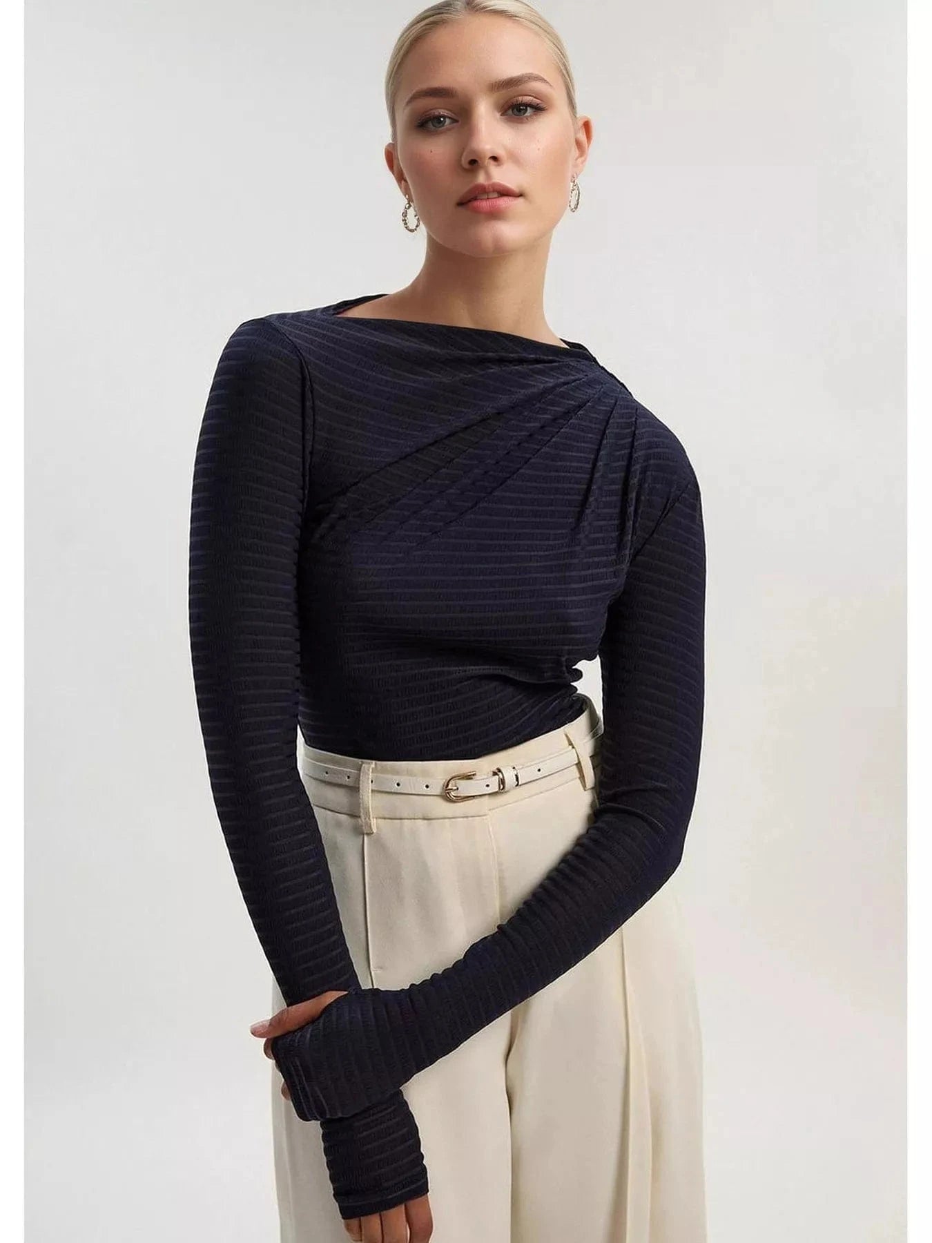 Women tops Navy / S Ruched Striped Long Sleeve Top Ruched Striped Long Sleeve Top
