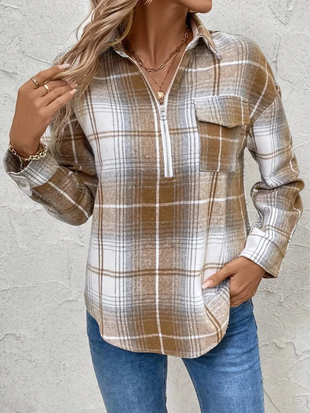 Women tops Plaid Collared Neck Half Zip Long Sleeve Top Plaid Collared Neck Half Zip Long Sleeve Top