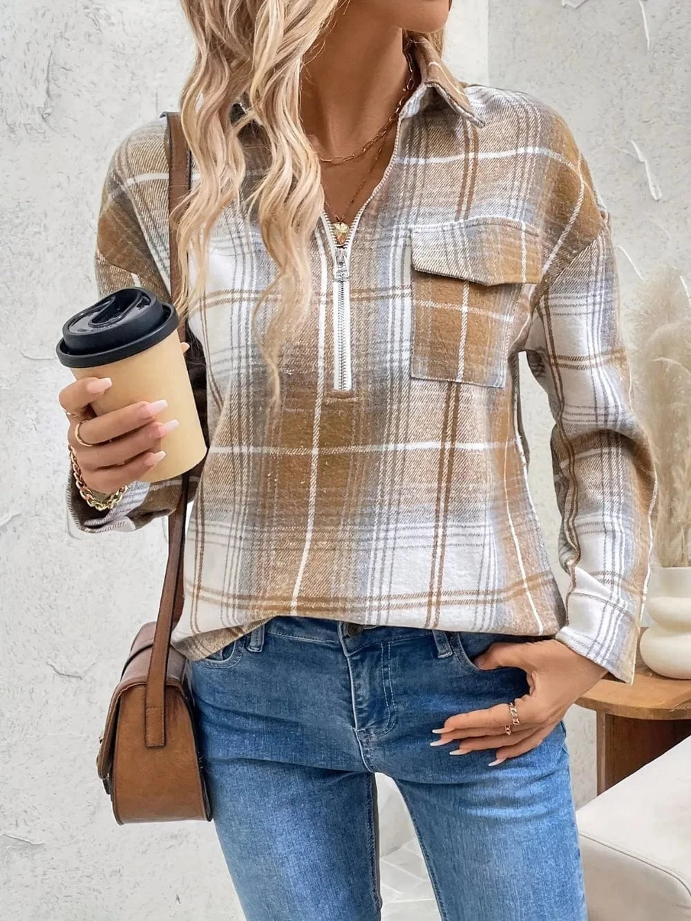 Women tops Plaid Collared Neck Half Zip Long Sleeve Top Plaid Collared Neck Half Zip Long Sleeve Top