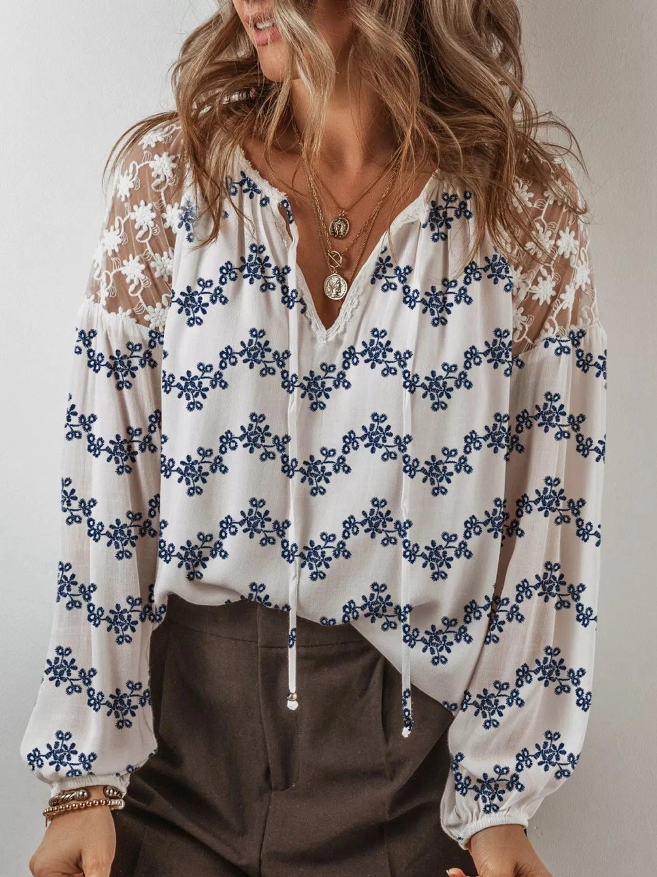 Women tops Printed Tie Neck Lace Long Sleeve Blouse Printed Tie Neck Lace Long Sleeve Blouse