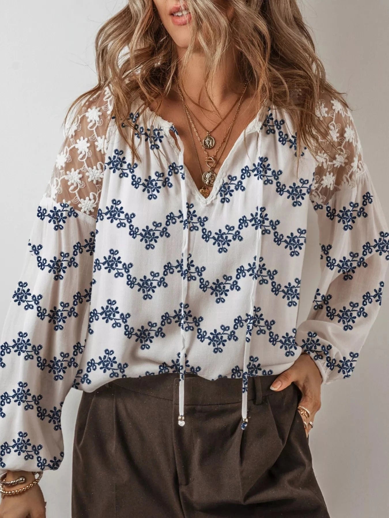 Women tops Printed Tie Neck Lace Long Sleeve Blouse Printed Tie Neck Lace Long Sleeve Blouse
