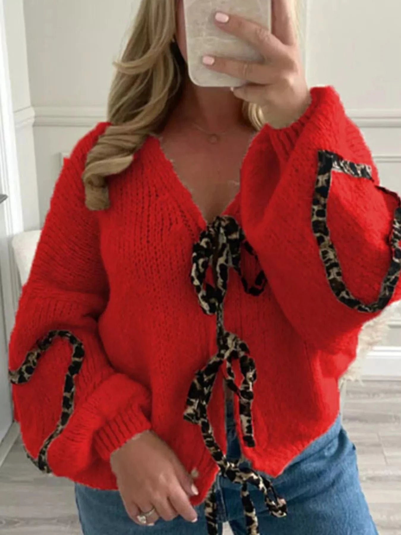 Women tops Red / S Tie Front Long Sleeve Sweater Tie Front Long Sleeve Sweater