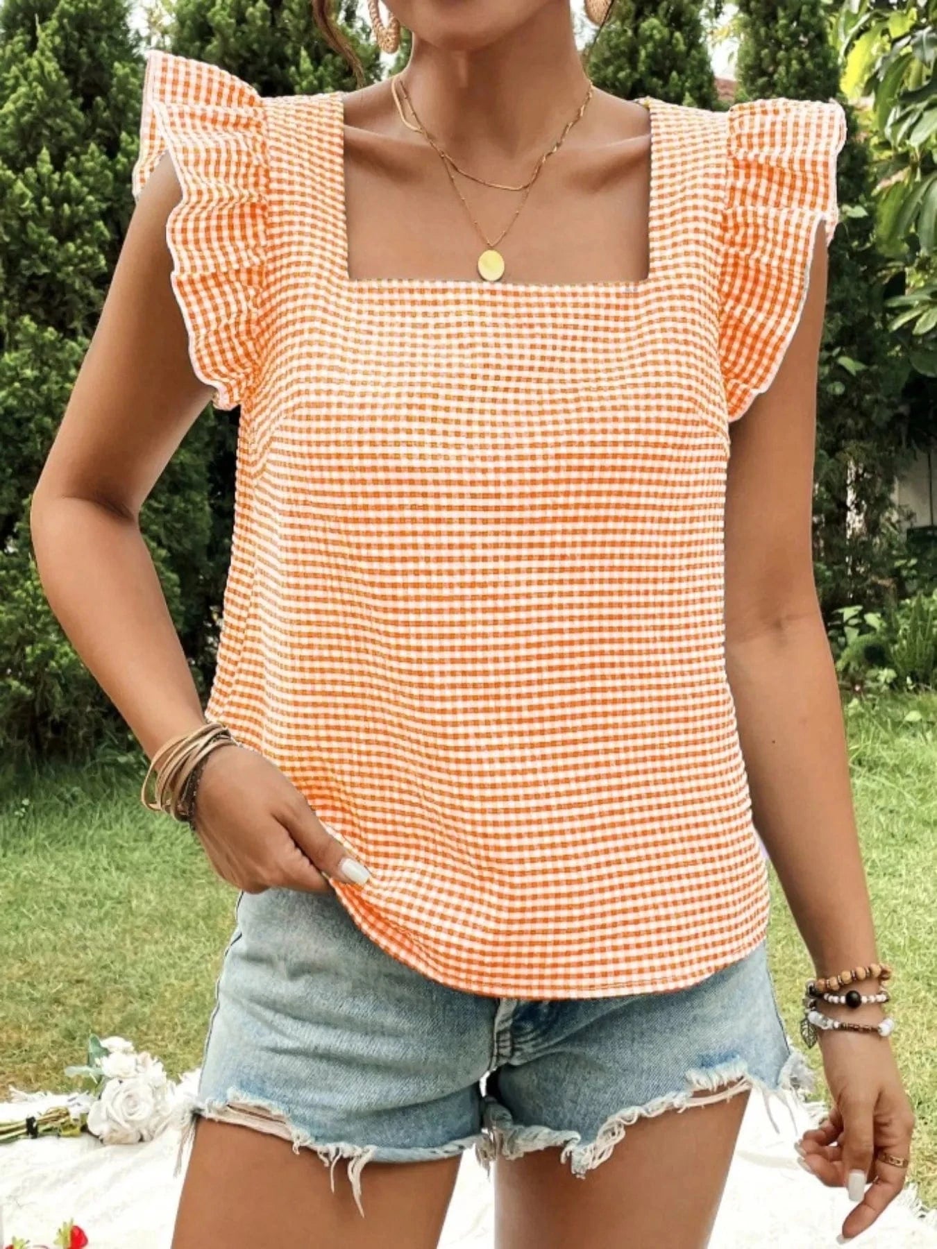 Women tops Sherbet / S Gingham Ruffle Sleeve Square Neck Blouse Gingham Ruffle Sleeve Square Neck Blouse