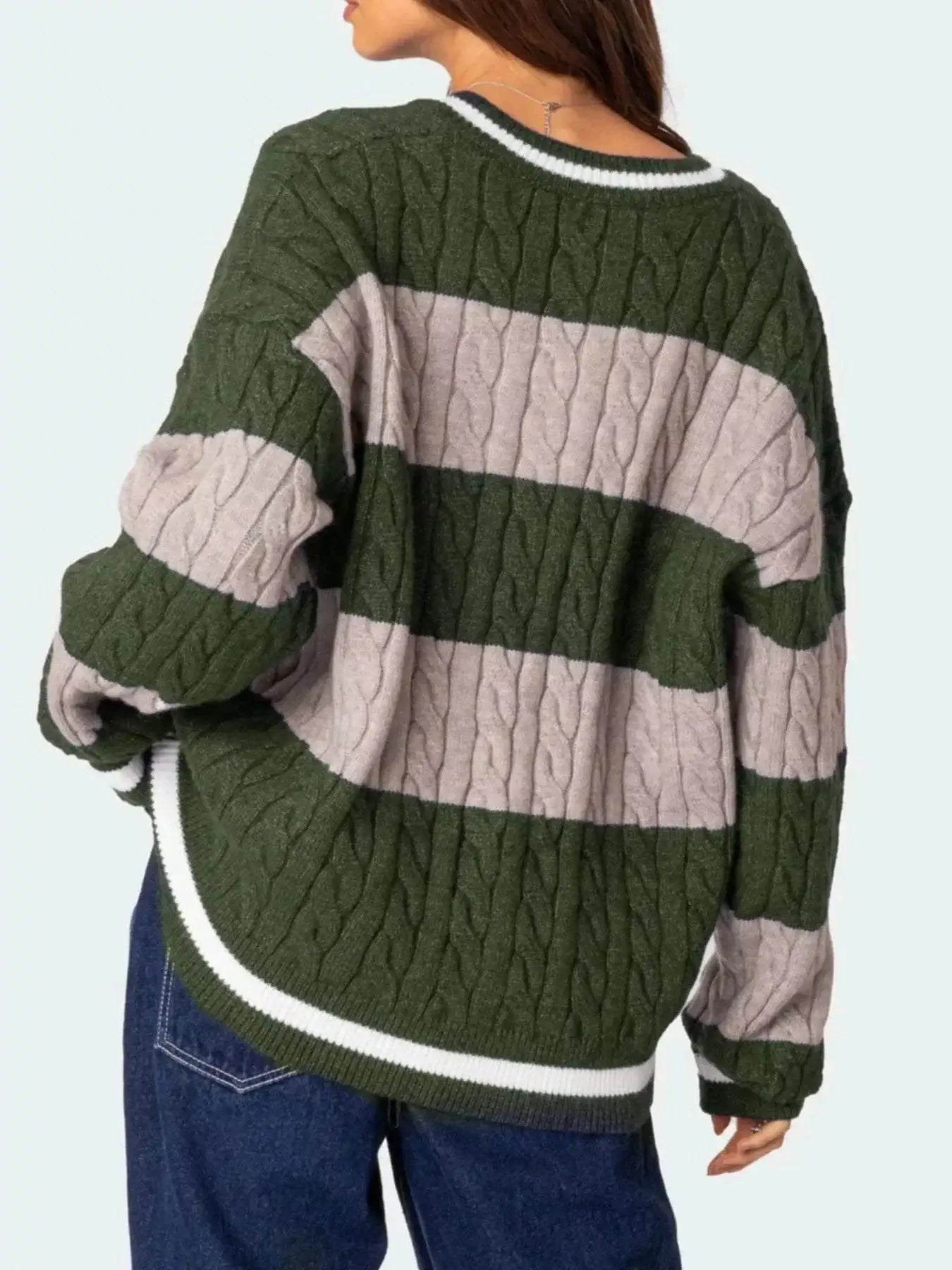 Women tops Striped Cable Knit V-Neck Sweater Striped Cable Knit V-Neck Sweater