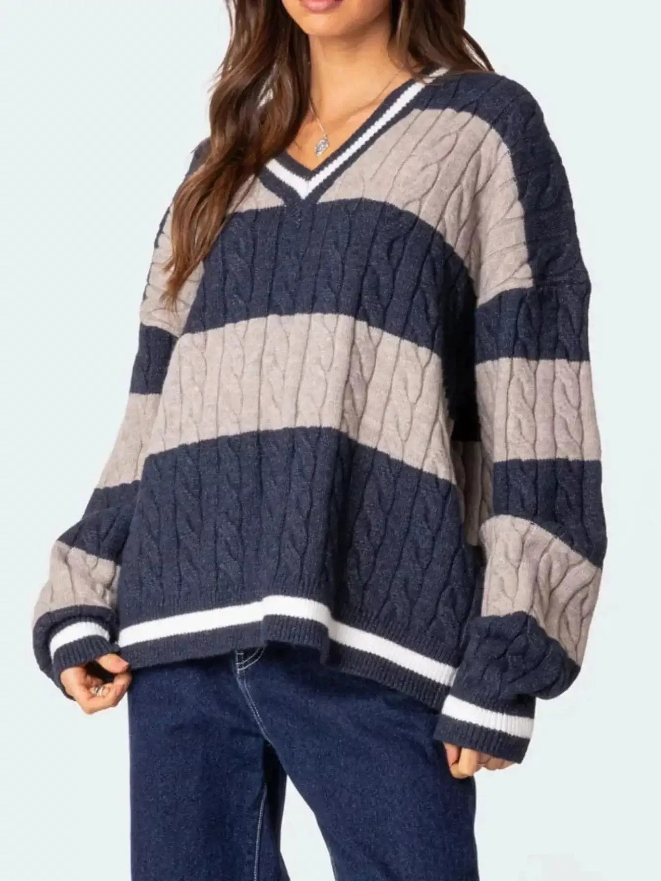 Women tops Striped Cable Knit V-Neck Sweater Striped Cable Knit V-Neck Sweater