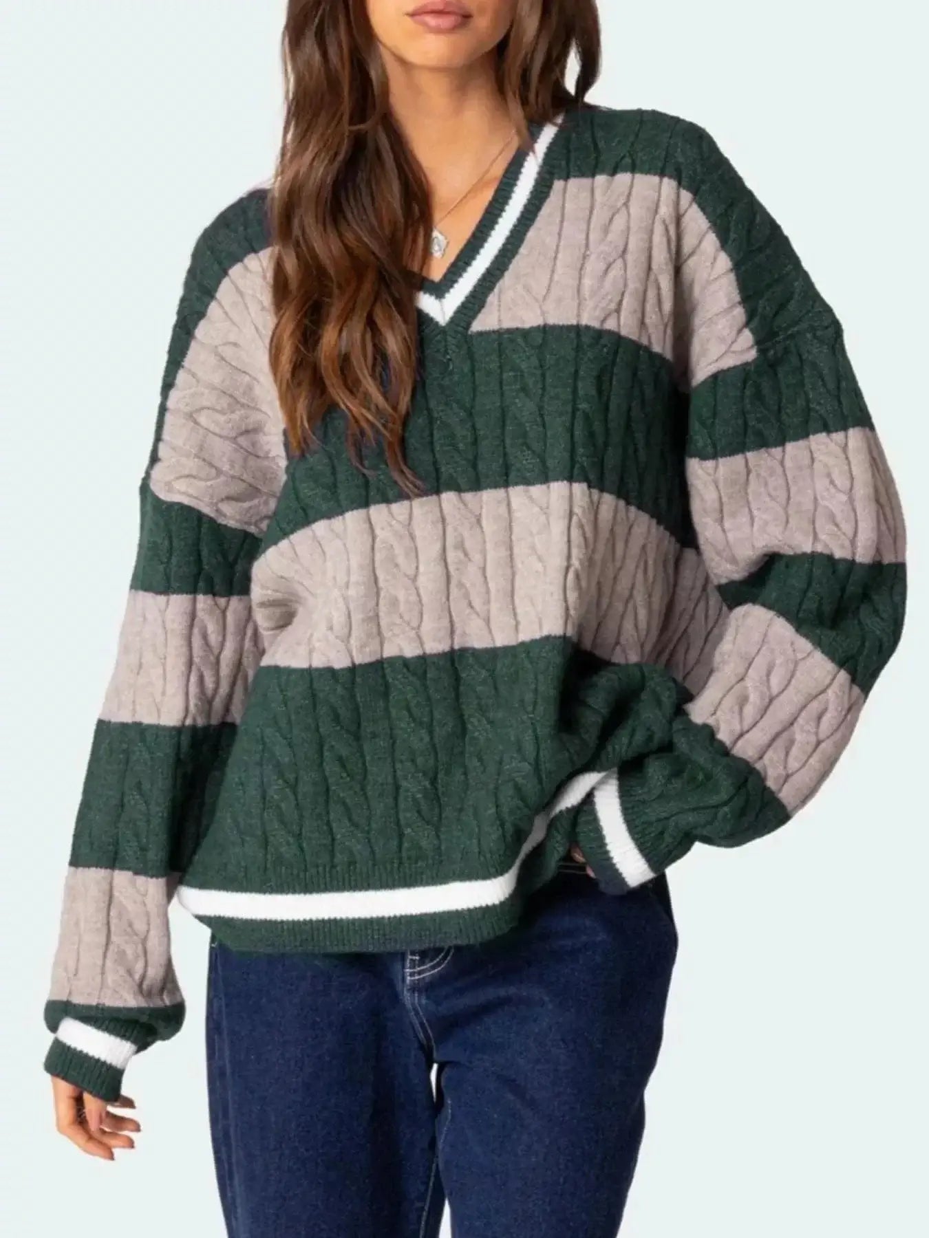 Women tops Striped Cable Knit V-Neck Sweater Striped Cable Knit V-Neck Sweater