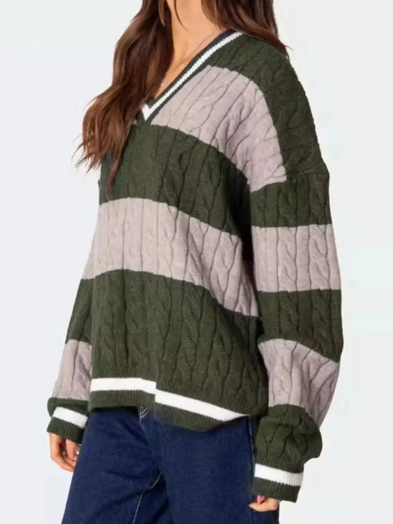 Women tops Striped Cable Knit V-Neck Sweater Striped Cable Knit V-Neck Sweater