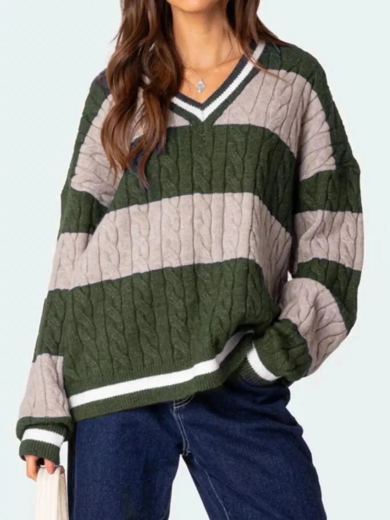 Women tops Striped Cable Knit V-Neck Sweater Striped Cable Knit V-Neck Sweater