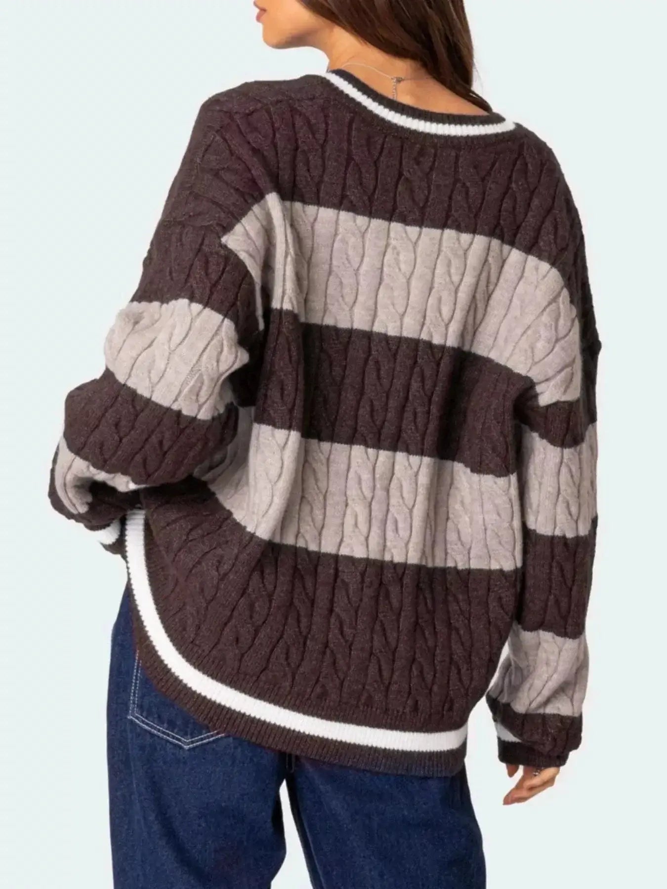 Women tops Striped Cable Knit V-Neck Sweater Striped Cable Knit V-Neck Sweater