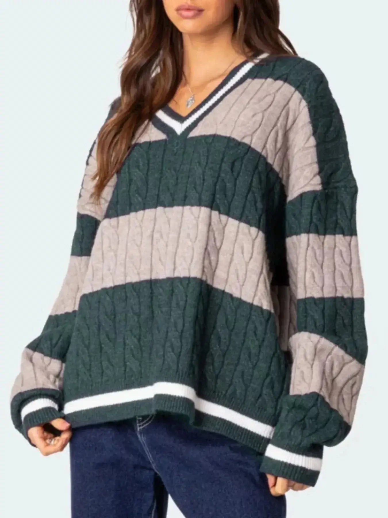 Women tops Striped Cable Knit V-Neck Sweater Striped Cable Knit V-Neck Sweater