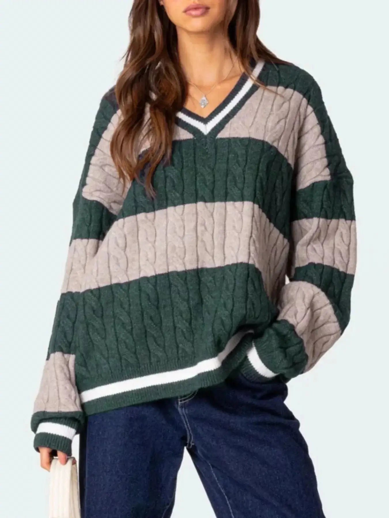 Women tops Striped Cable Knit V-Neck Sweater Striped Cable Knit V-Neck Sweater