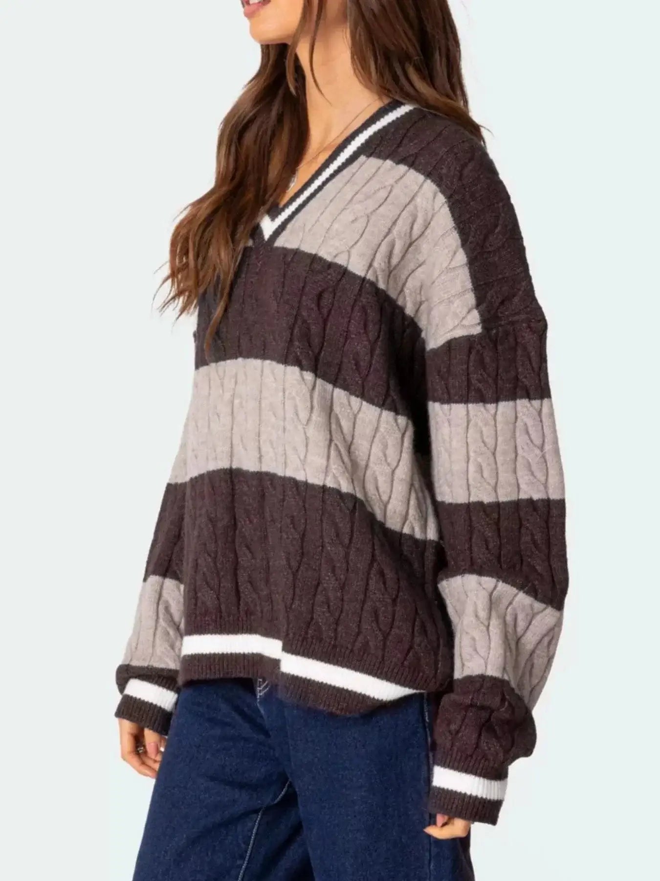 Women tops Striped Cable Knit V-Neck Sweater Striped Cable Knit V-Neck Sweater