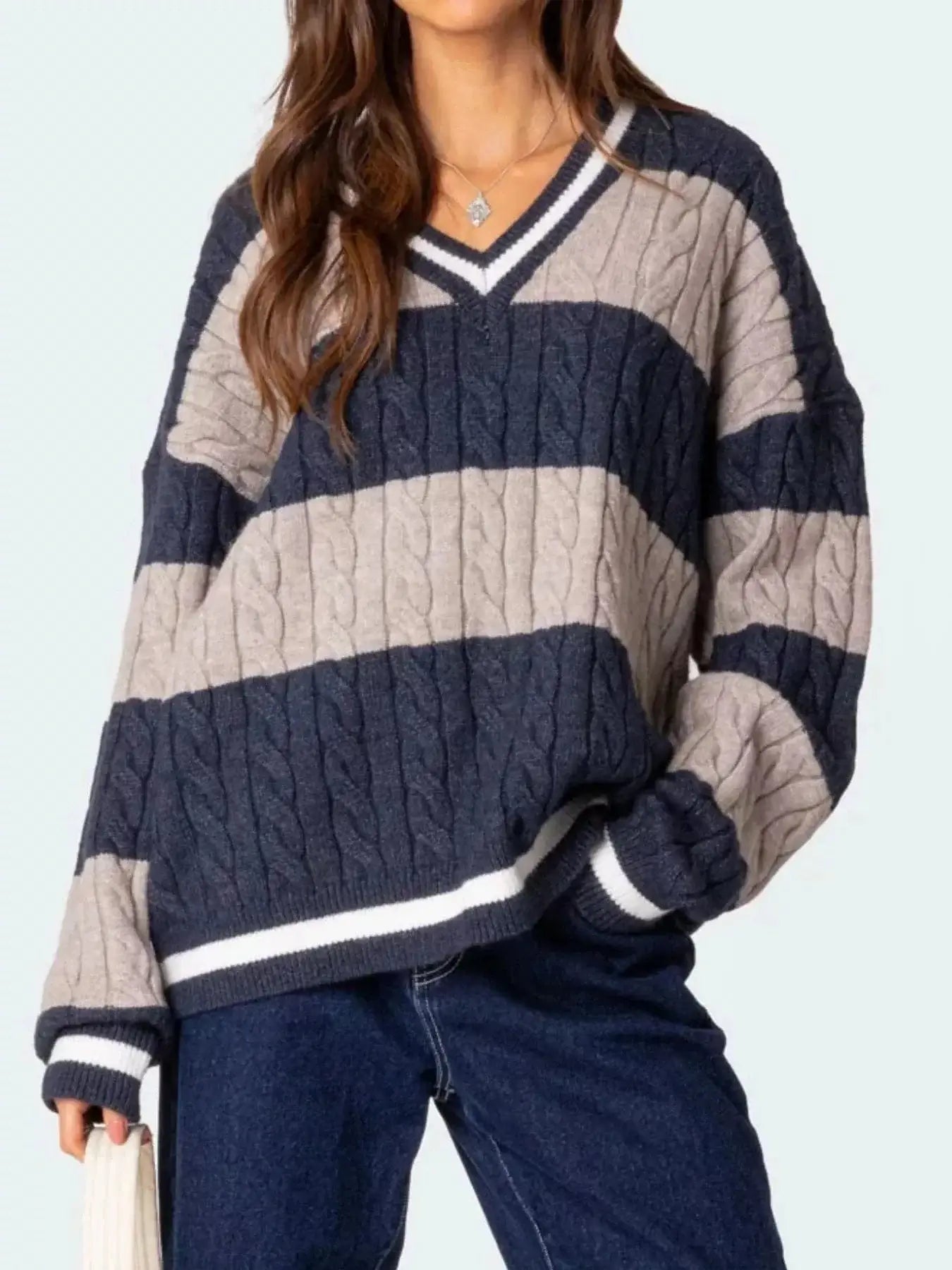 Women tops Striped Cable Knit V-Neck Sweater Striped Cable Knit V-Neck Sweater