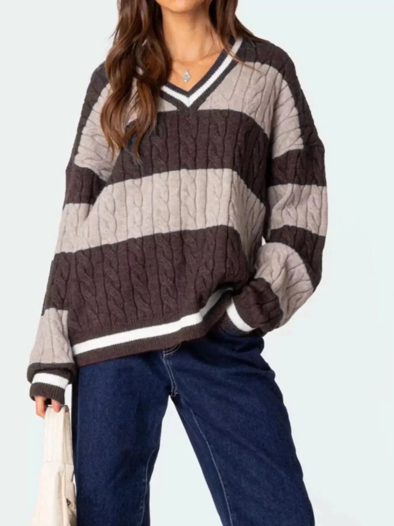 Women tops Striped Cable Knit V-Neck Sweater Striped Cable Knit V-Neck Sweater