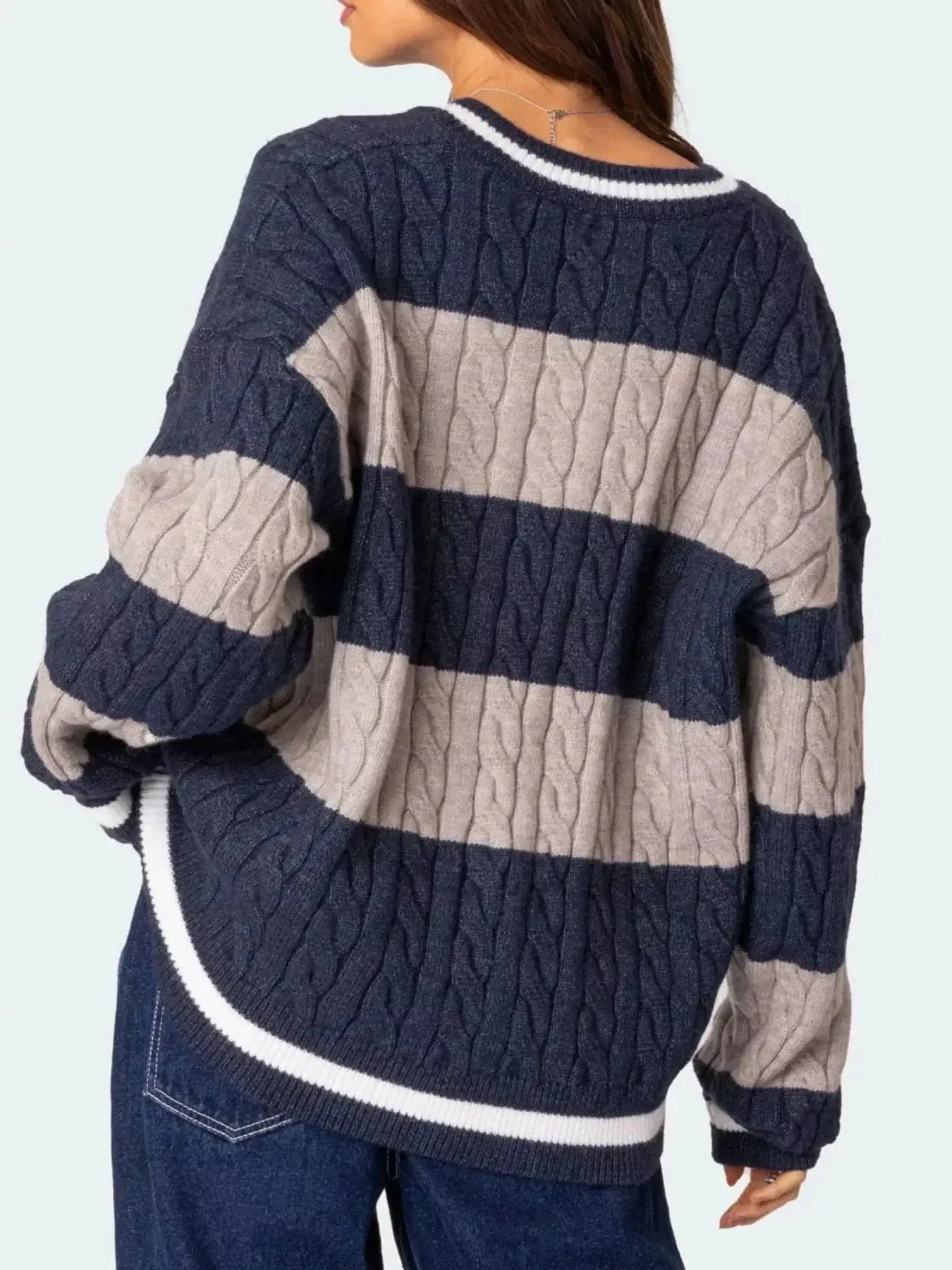 Women tops Striped Cable Knit V-Neck Sweater Striped Cable Knit V-Neck Sweater