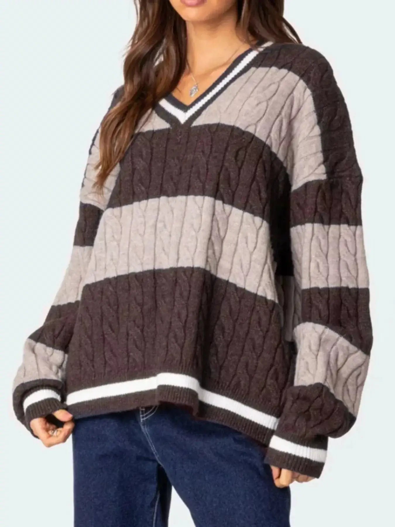 Women tops Striped Cable Knit V-Neck Sweater Striped Cable Knit V-Neck Sweater