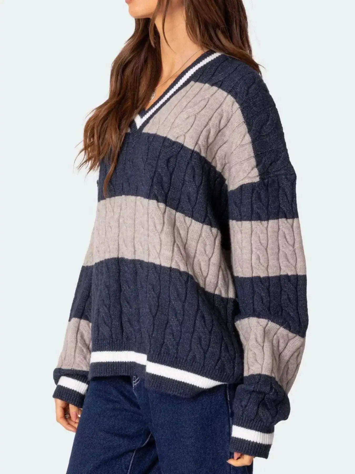 Women tops Striped Cable Knit V-Neck Sweater Striped Cable Knit V-Neck Sweater