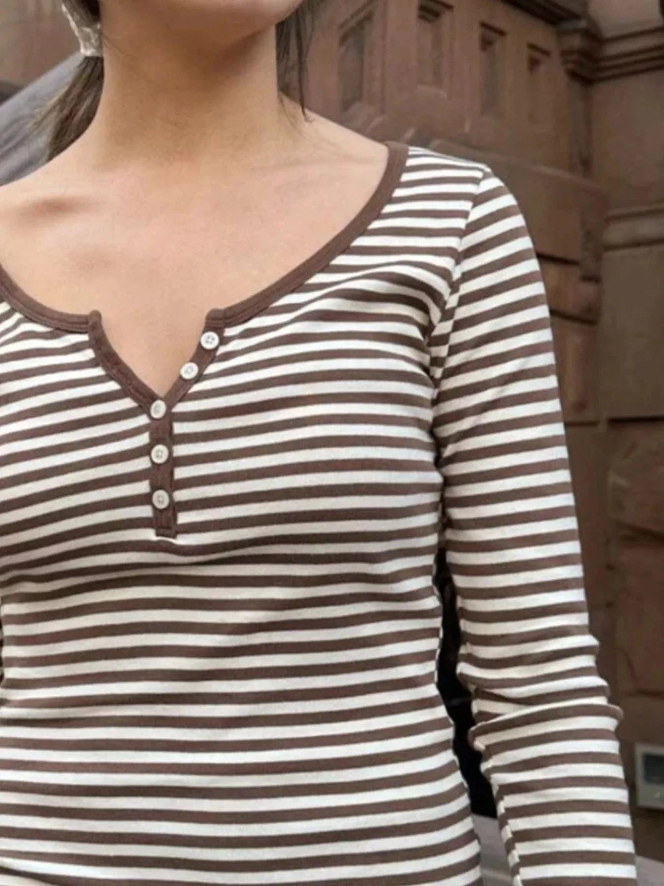 Women tops Striped Long Sleeve Henley T-Shirt Striped Long Sleeve Henley T-Shirt