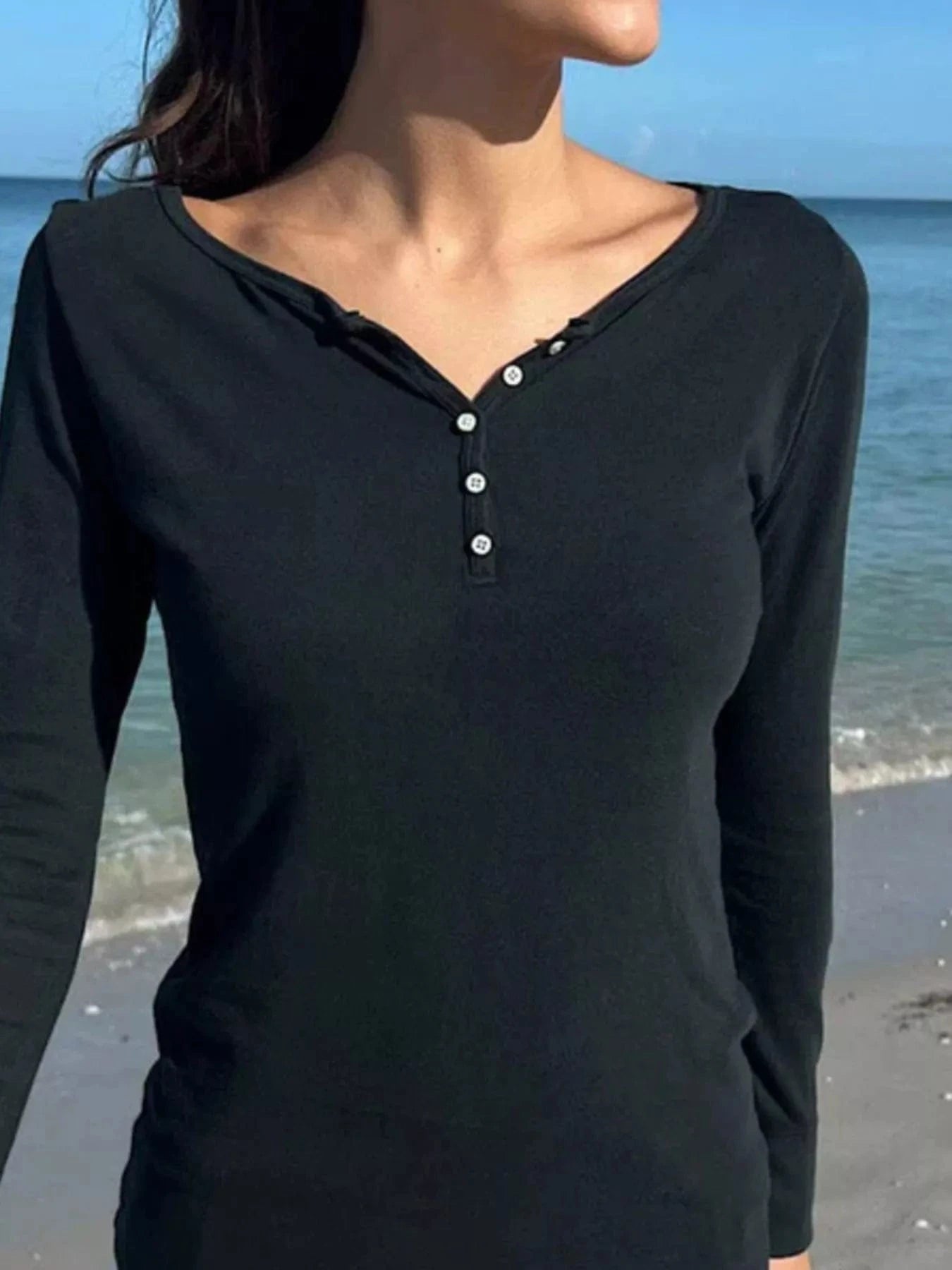 Women tops Striped Long Sleeve Henley T-Shirt Striped Long Sleeve Henley T-Shirt