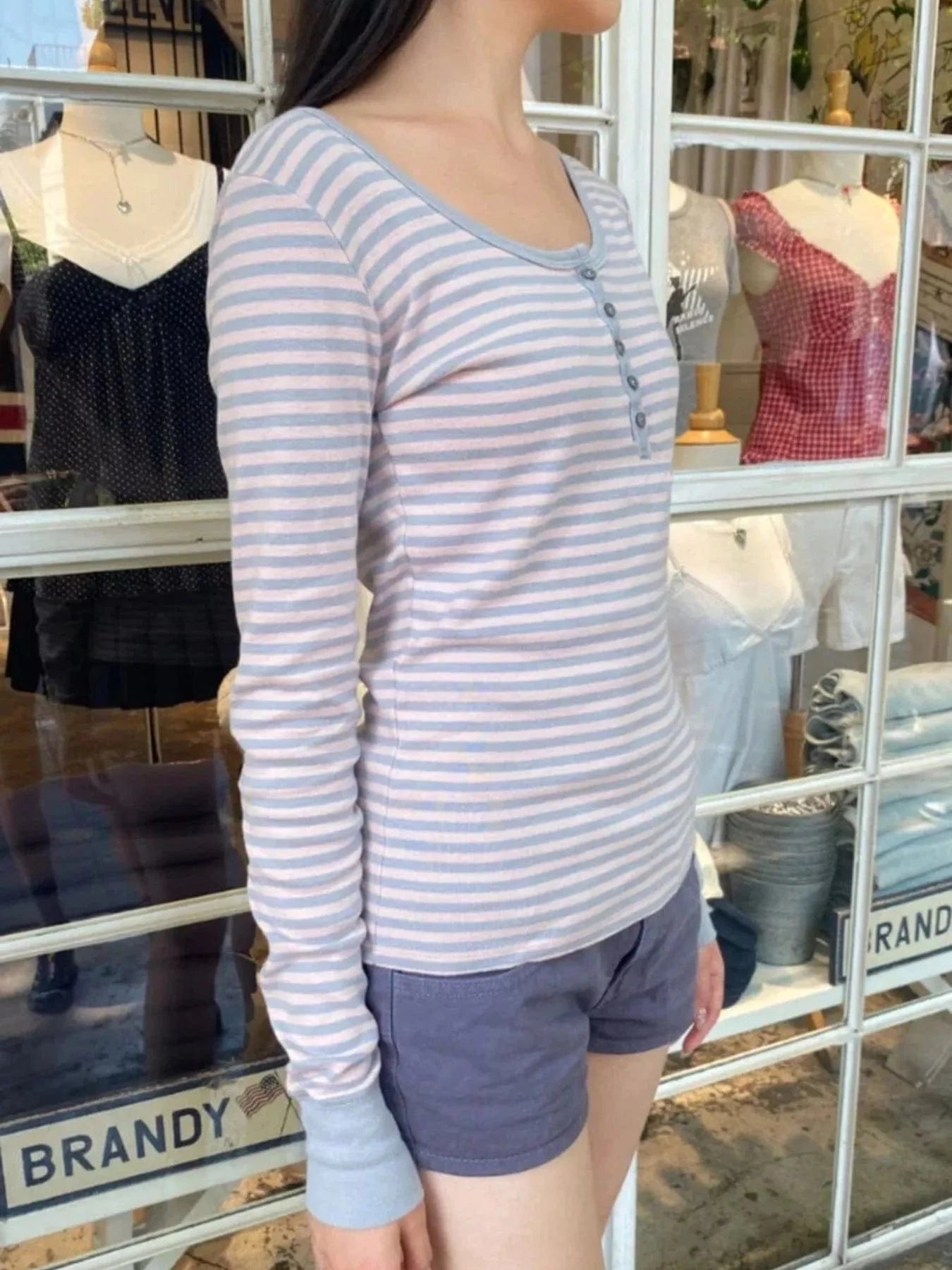 Women tops Striped Long Sleeve Henley T-Shirt Striped Long Sleeve Henley T-Shirt
