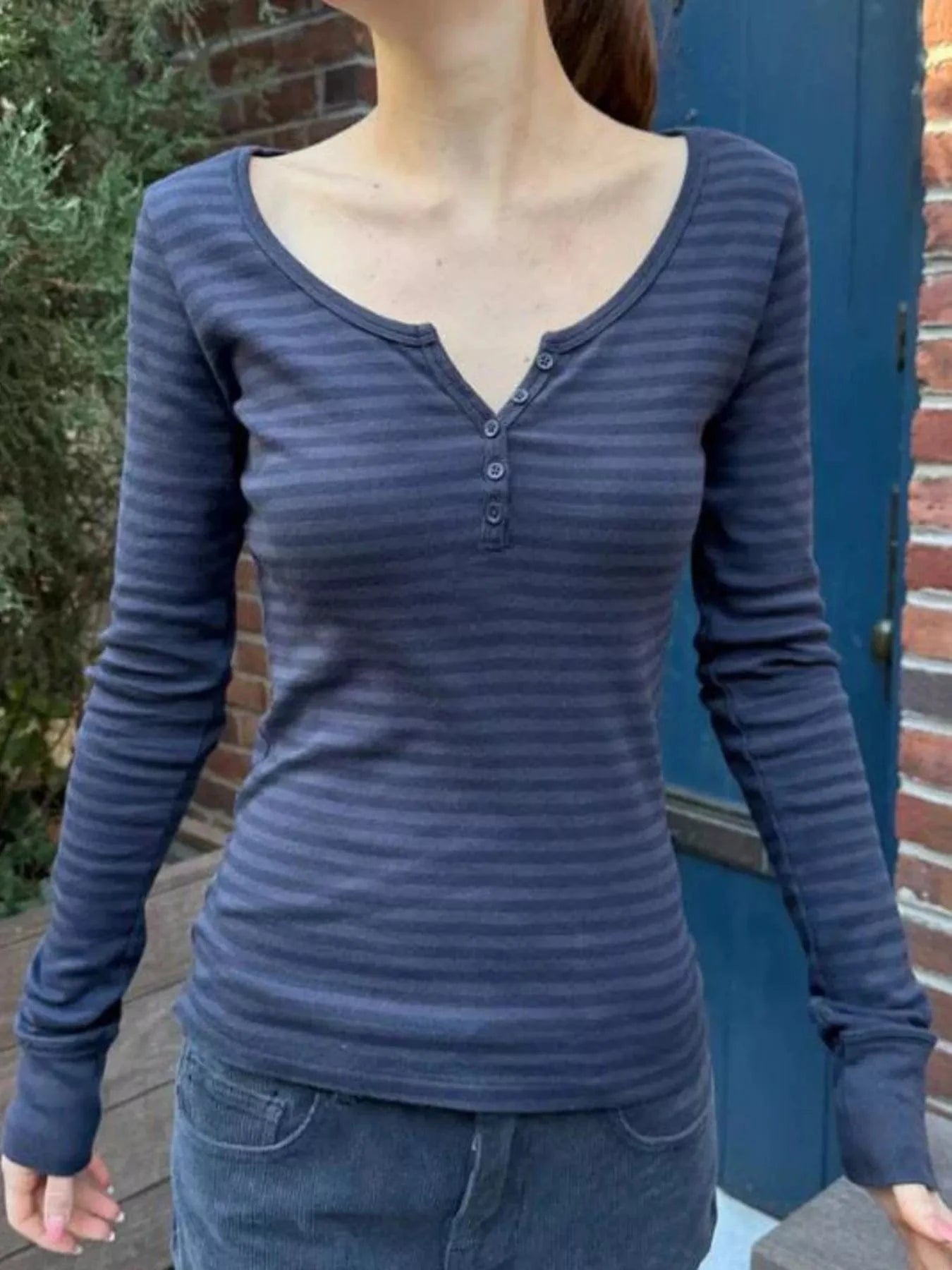 Women tops Striped Long Sleeve Henley T-Shirt Striped Long Sleeve Henley T-Shirt