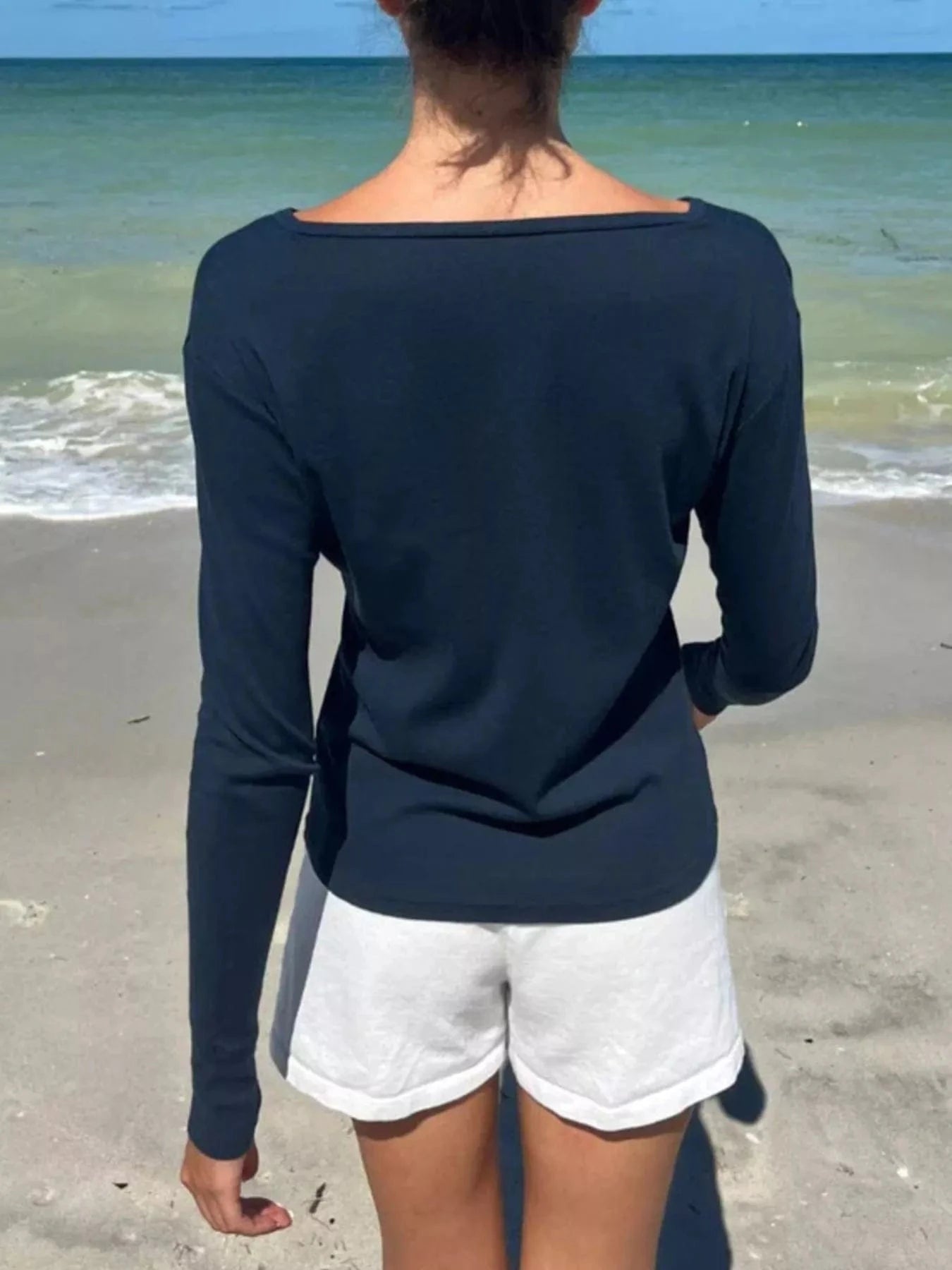 Women tops Striped Long Sleeve Henley T-Shirt Striped Long Sleeve Henley T-Shirt