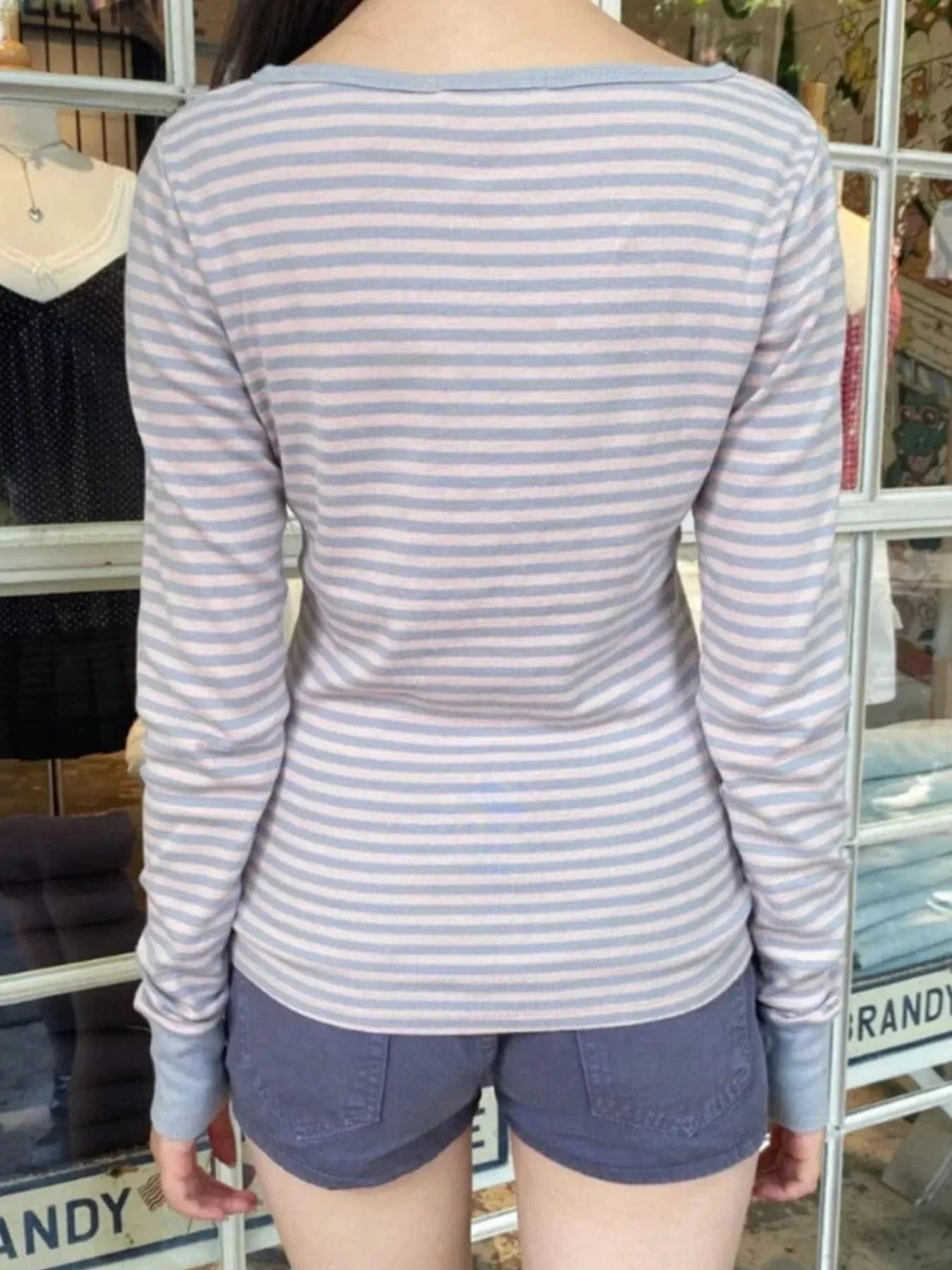 Women tops Striped Long Sleeve Henley T-Shirt Striped Long Sleeve Henley T-Shirt