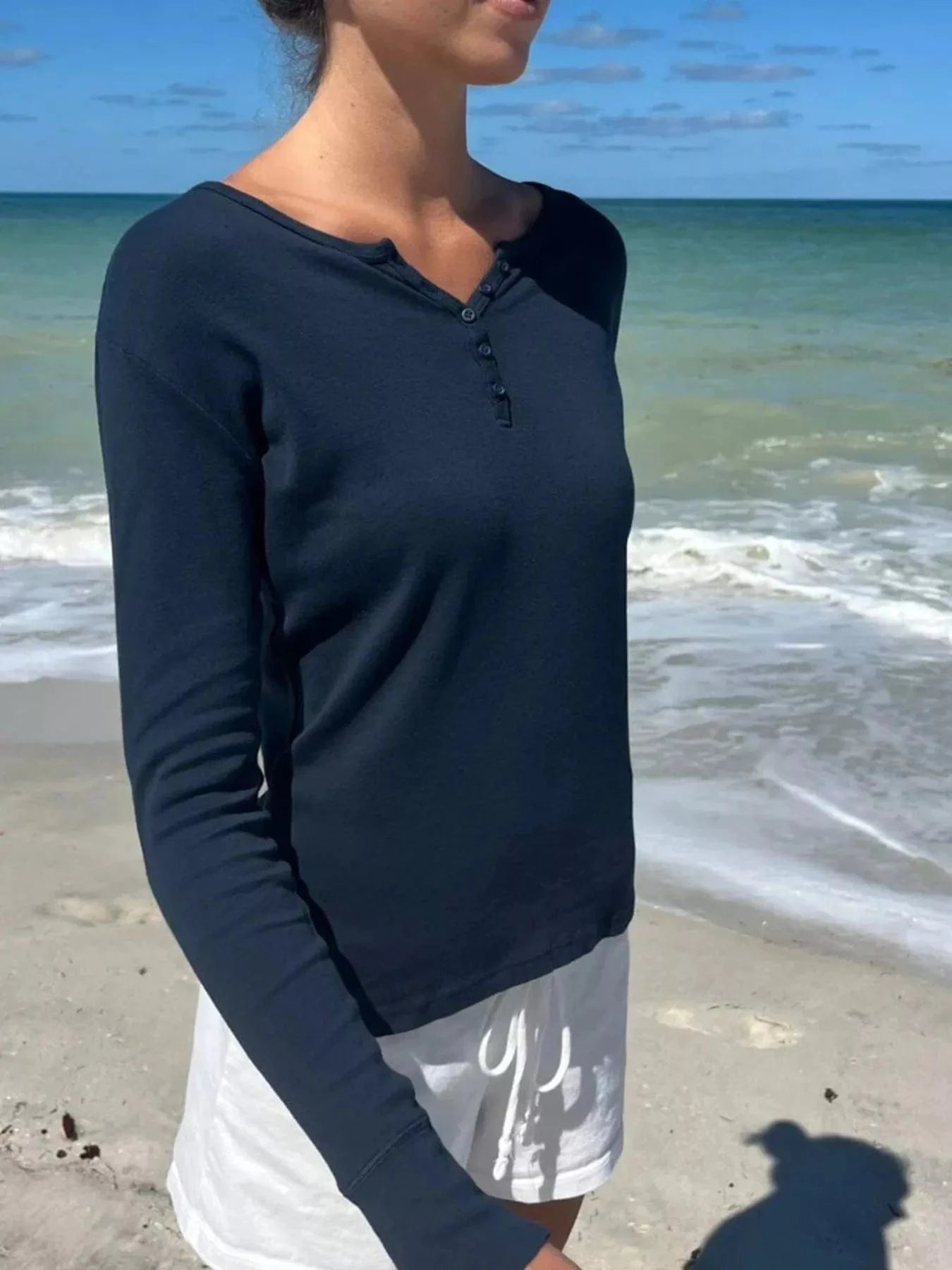 Women tops Striped Long Sleeve Henley T-Shirt Striped Long Sleeve Henley T-Shirt