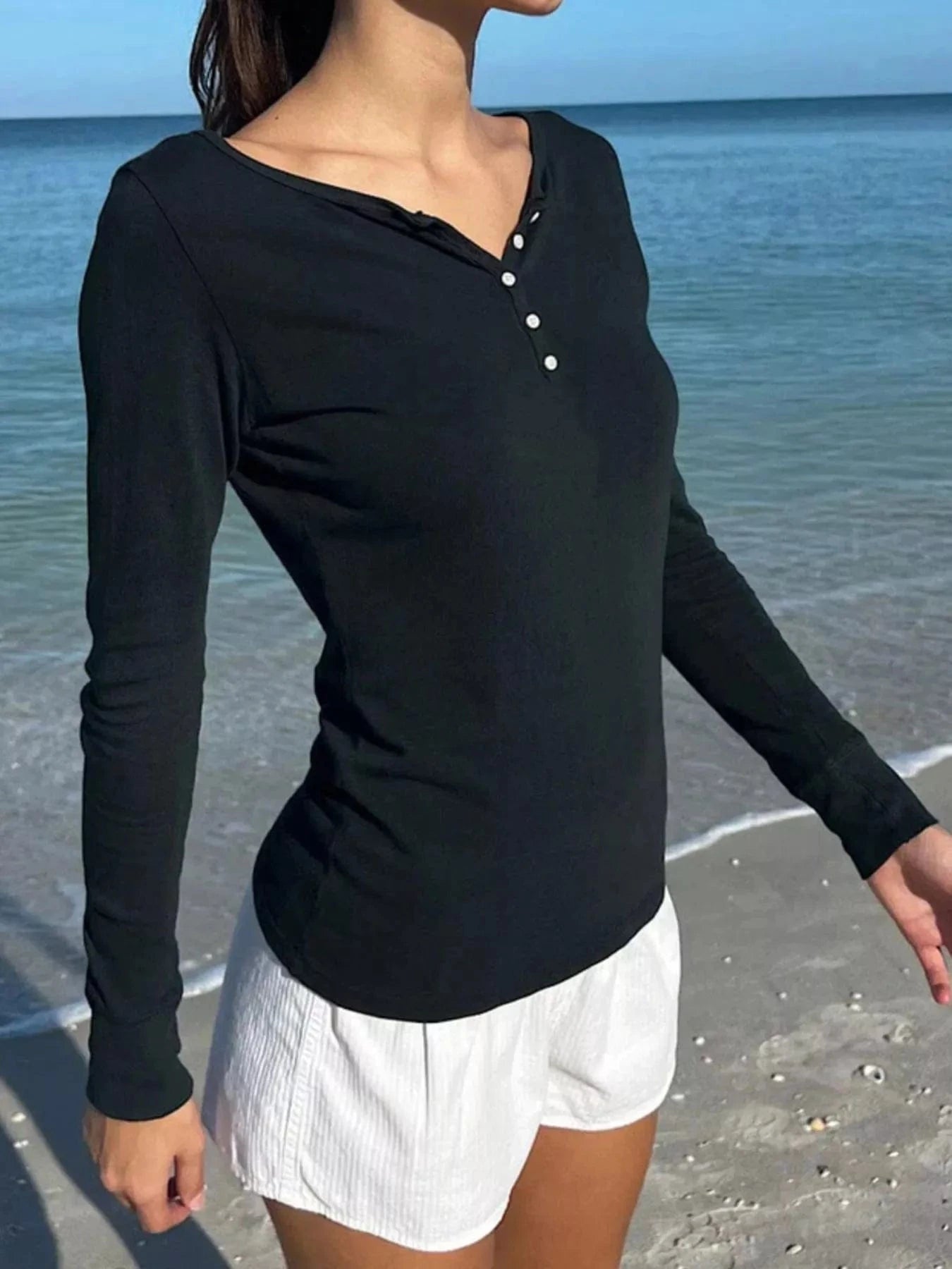 Women tops Striped Long Sleeve Henley T-Shirt Striped Long Sleeve Henley T-Shirt