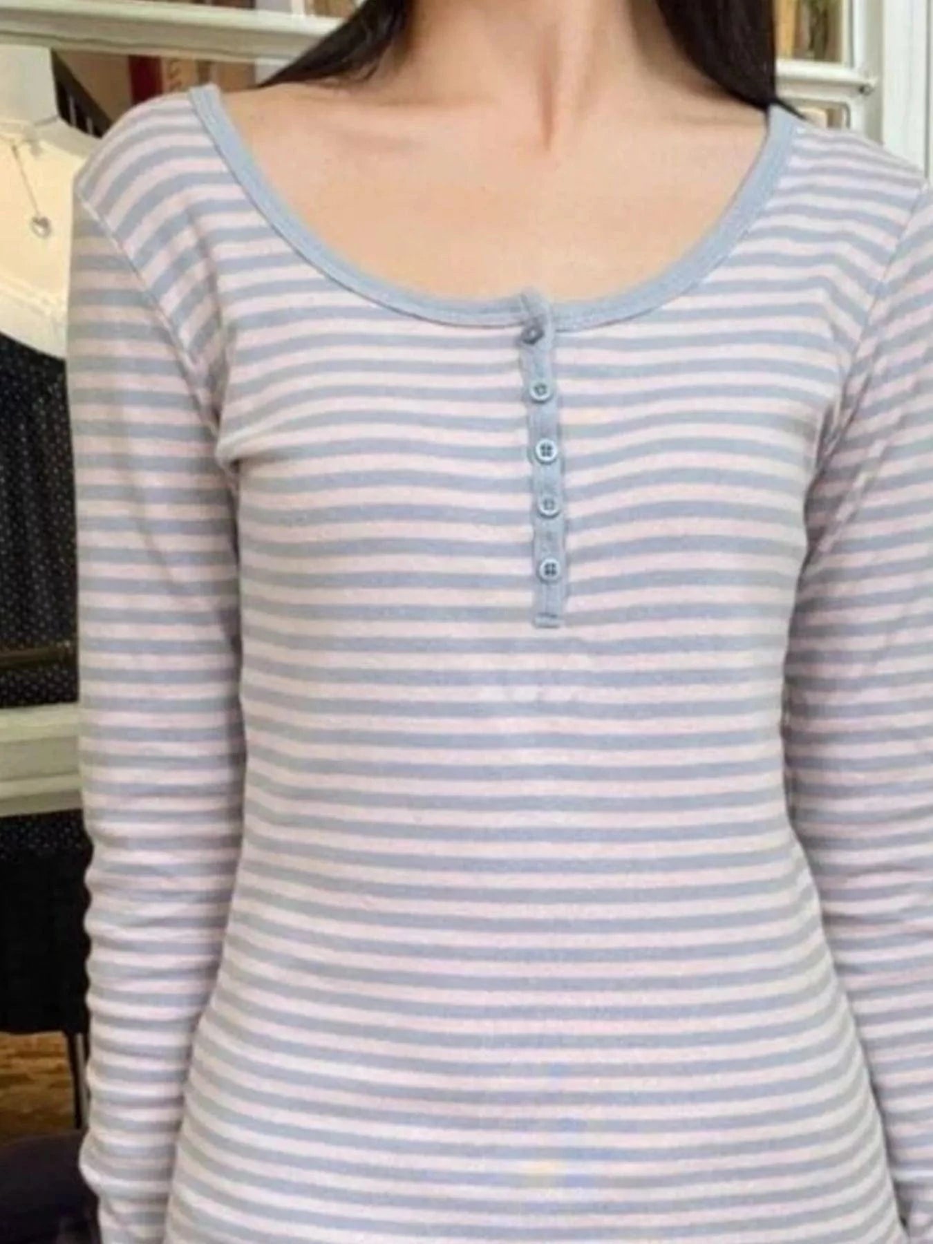Women tops Striped Long Sleeve Henley T-Shirt Striped Long Sleeve Henley T-Shirt