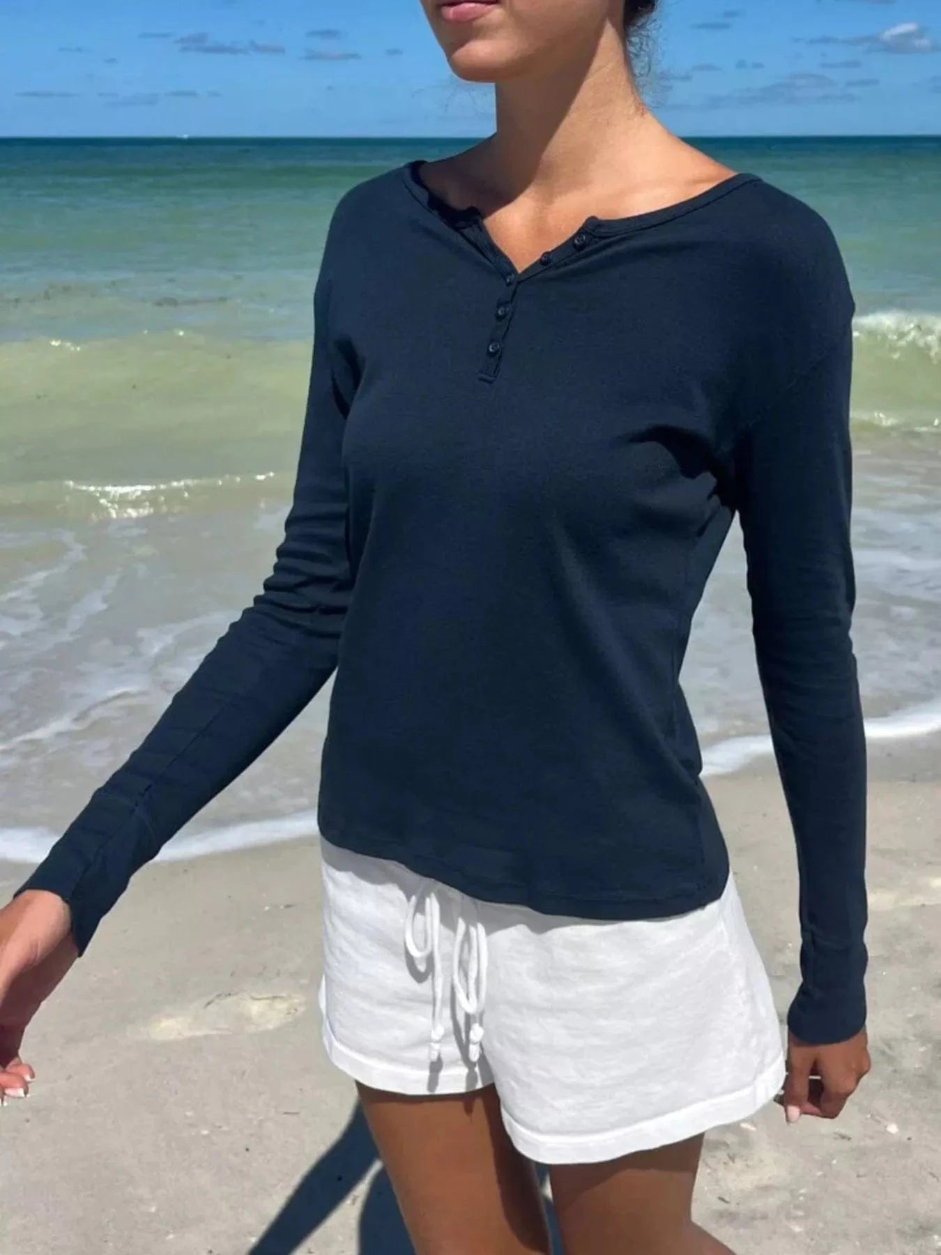 Women tops Striped Long Sleeve Henley T-Shirt Striped Long Sleeve Henley T-Shirt