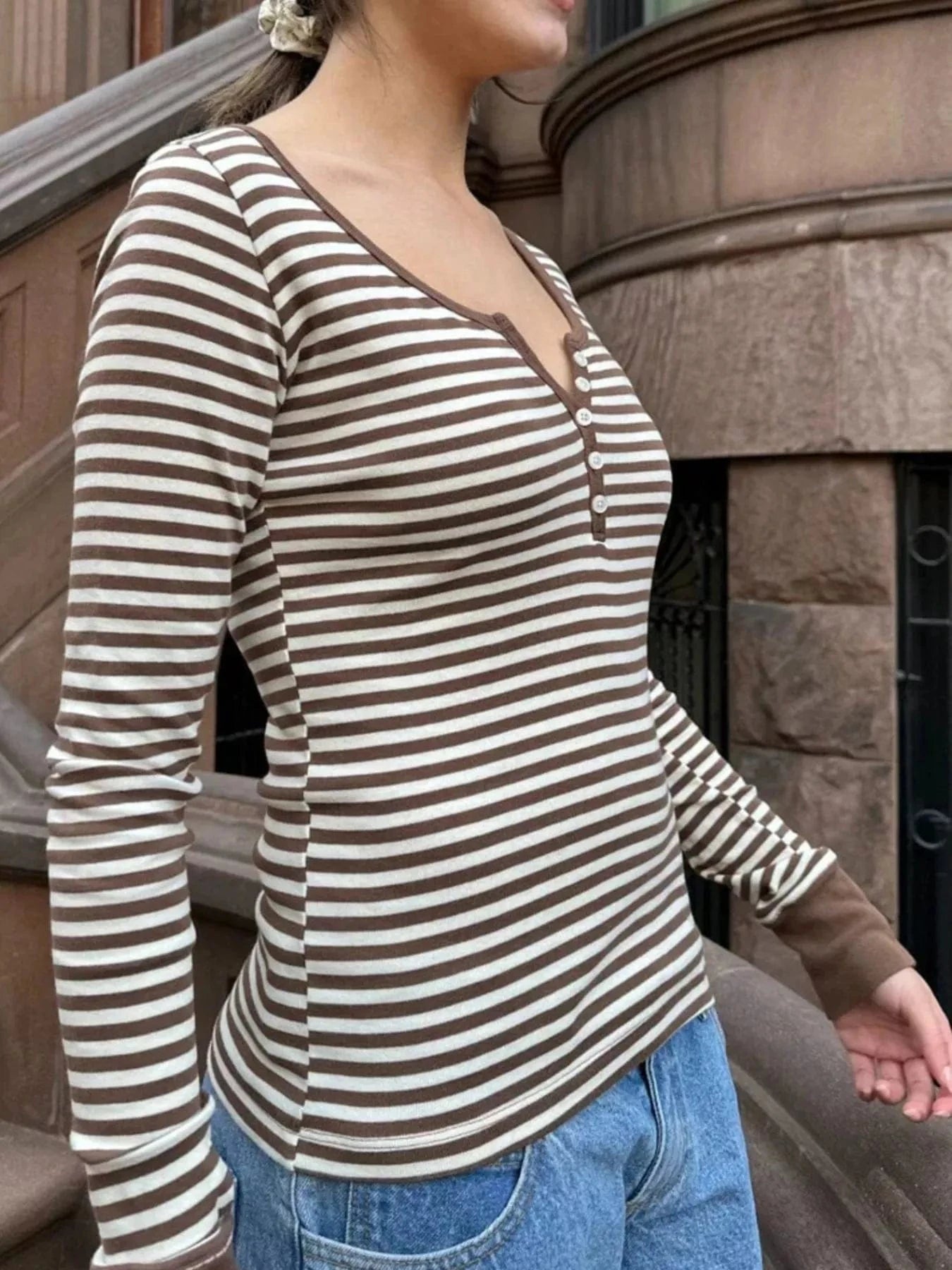 Women tops Striped Long Sleeve Henley T-Shirt Striped Long Sleeve Henley T-Shirt