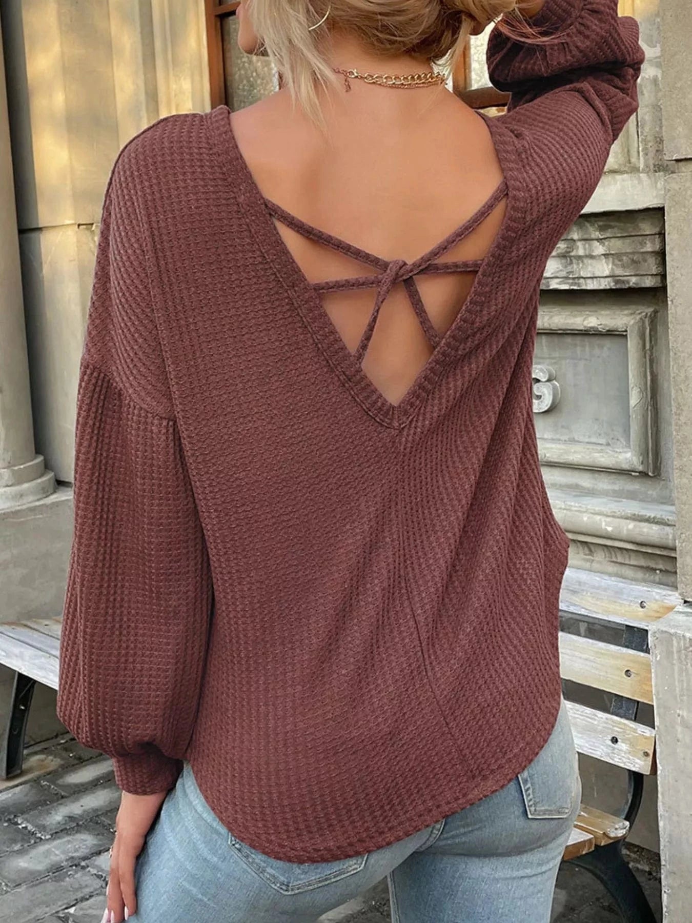 Women tops Waffle Knit Round Neck Top Waffle Knit Round Neck Top