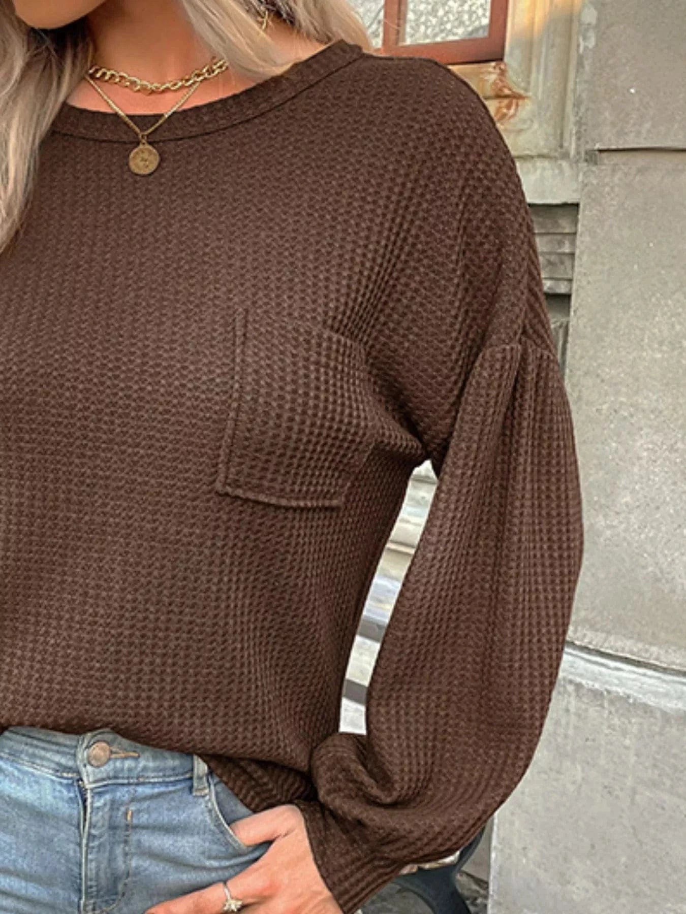 Women tops Waffle Knit Round Neck Top Waffle Knit Round Neck Top