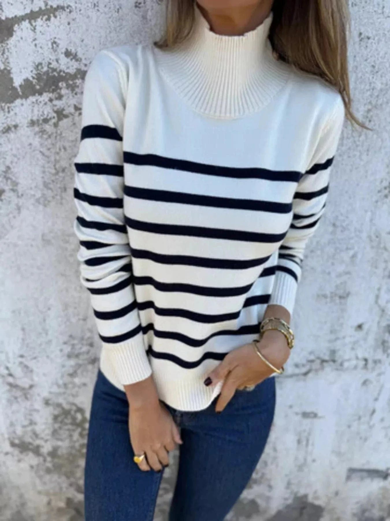 Women tops White / S Full Size Striped Turtleneck Long Sleeve Sweater Plus Size Full Size Striped Turtleneck Long Sleeve Sweater Plus Size