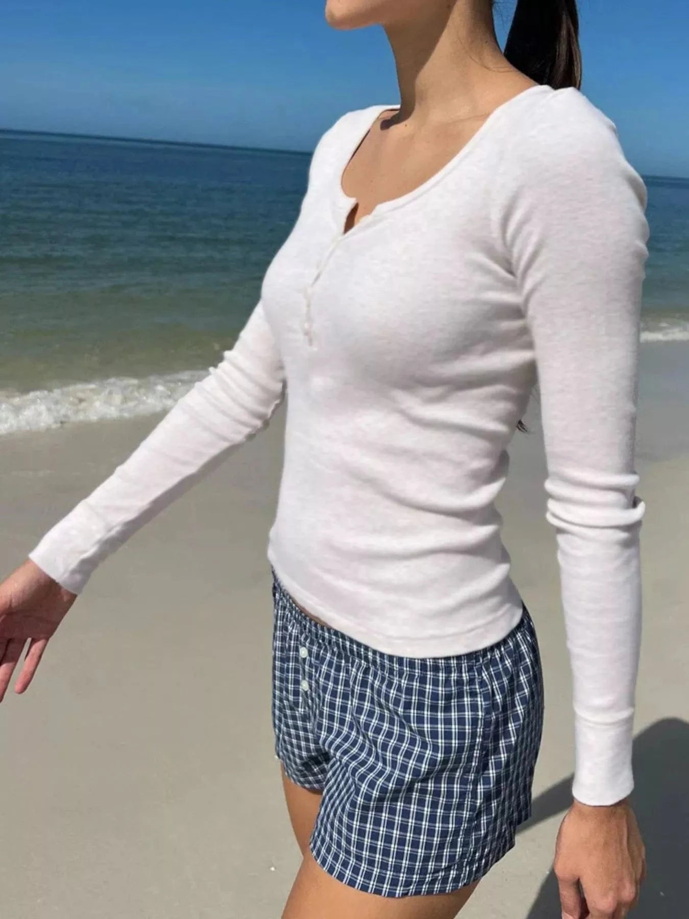 Women tops White / S Striped Long Sleeve Henley T-Shirt Striped Long Sleeve Henley T-Shirt