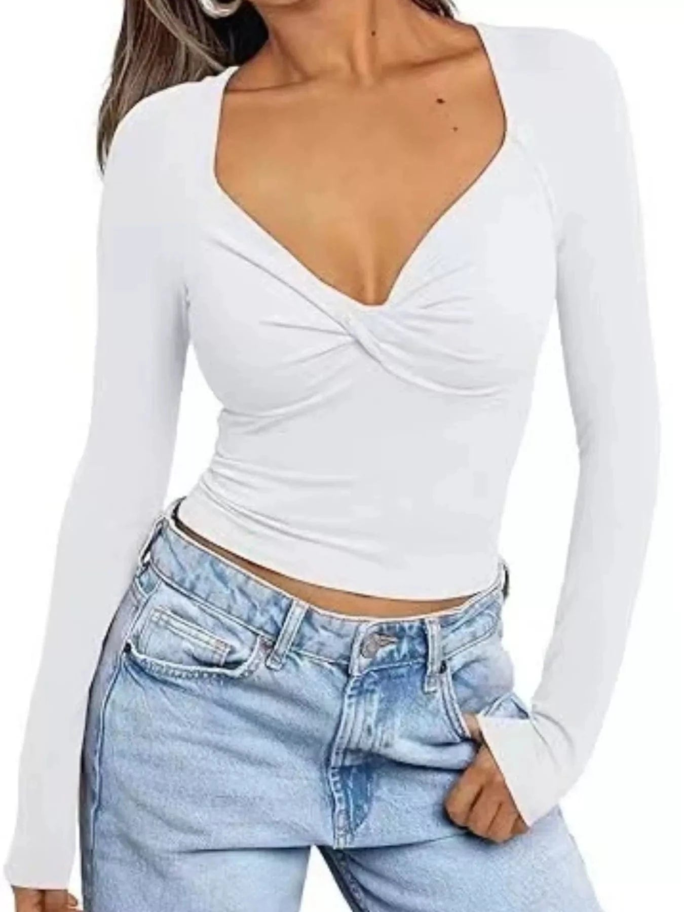 Women tops White / S Twist Front Long Sleeve Fitted T-Shirt Twist Front Long Sleeve Fitted T-Shirt