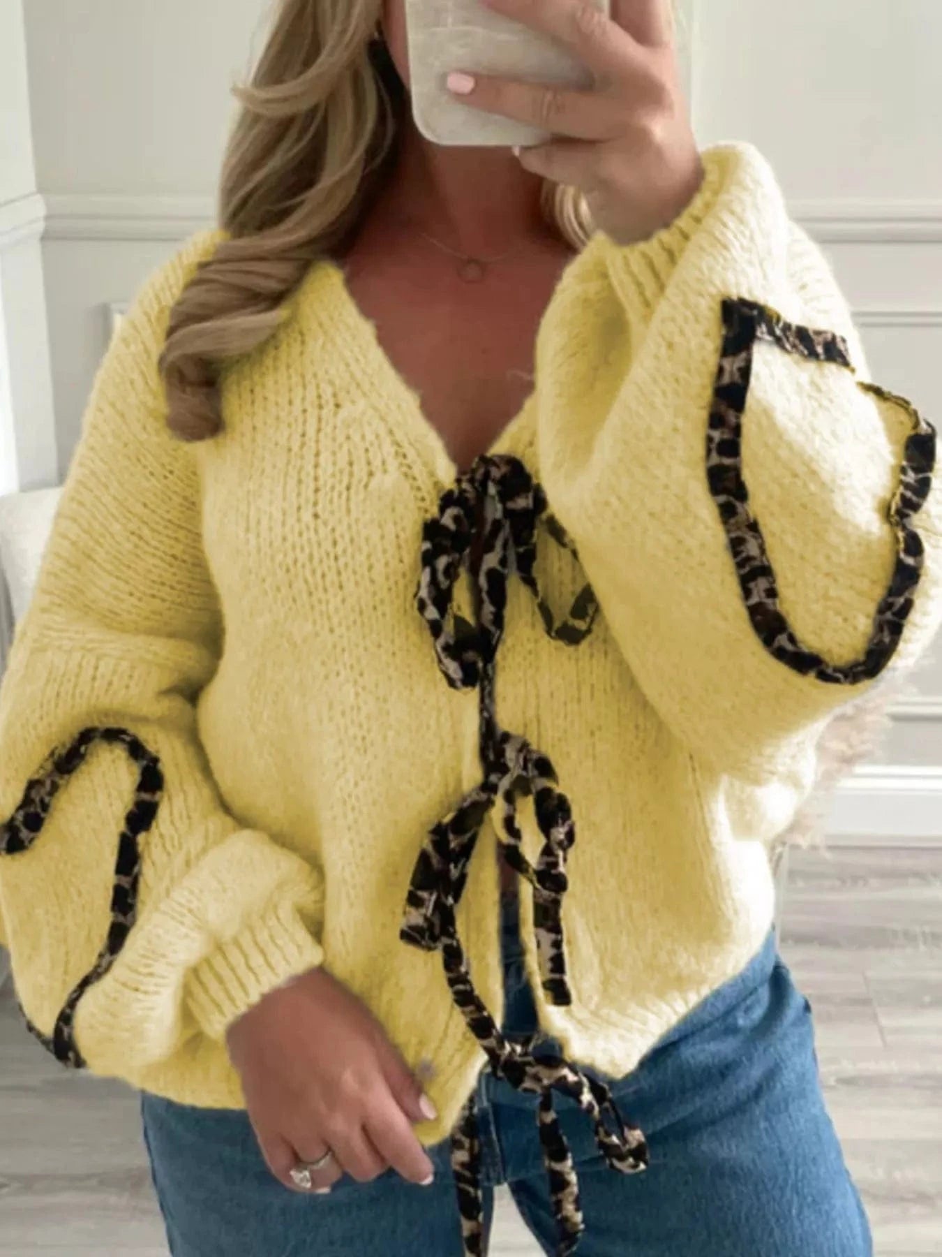 Women tops Yellow / S Tie Front Long Sleeve Sweater Tie Front Long Sleeve Sweater