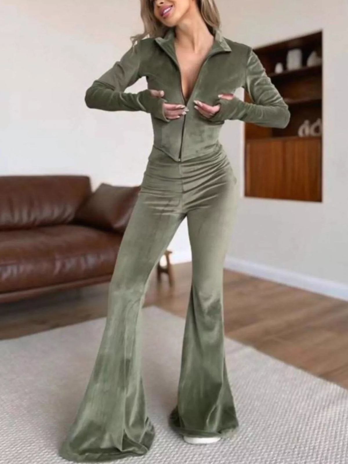 Zip-Up Crop Top & Flared Pants Set
