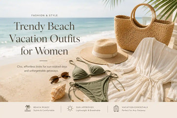 Trendy beach vacation outfits for women featuring swimwear, cover-ups, resort wear accessories, and tropical getaway essentials.