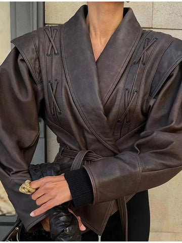 Vintage-style dark brown tie-waist leather jacket with wrap front