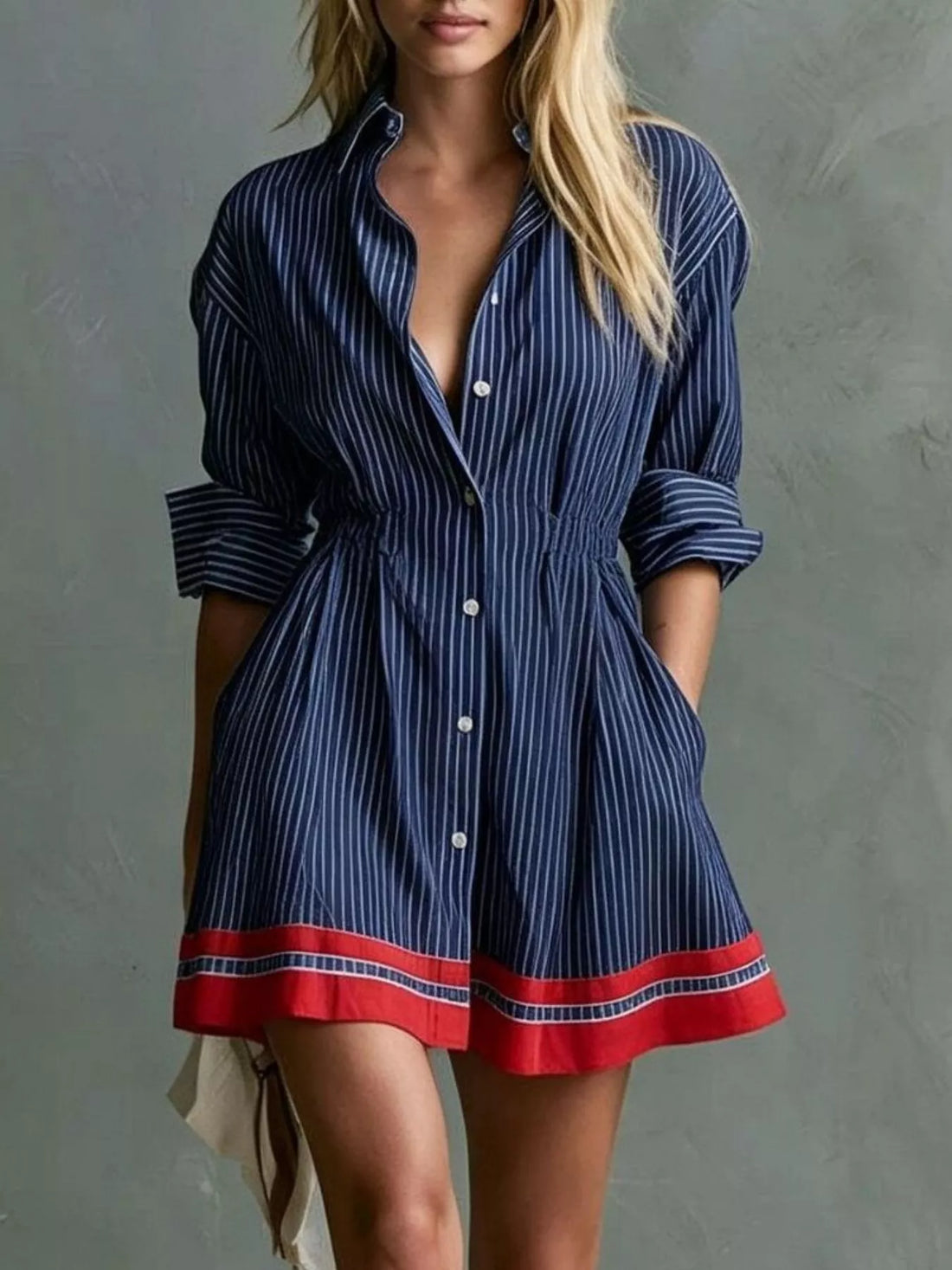 Striped Button-Down Contrast-Hem Shirt Dress - product view 1